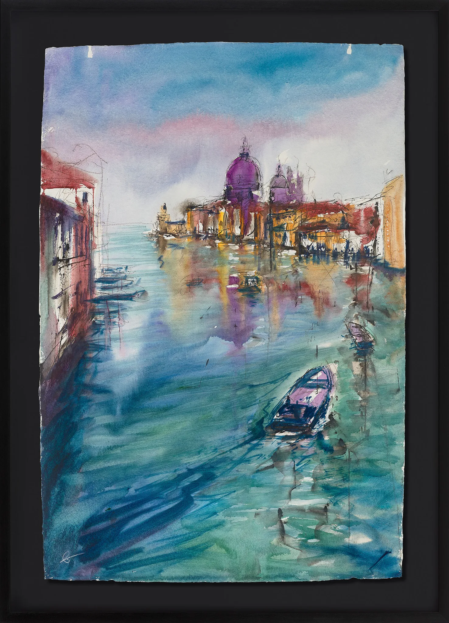 Serene Currents, an original watercolour and ink painting by Paul Kenton, shown in a black frame: a Venetian canal of teal and violet water under a purple-domed church, with a small boat in the foreground.