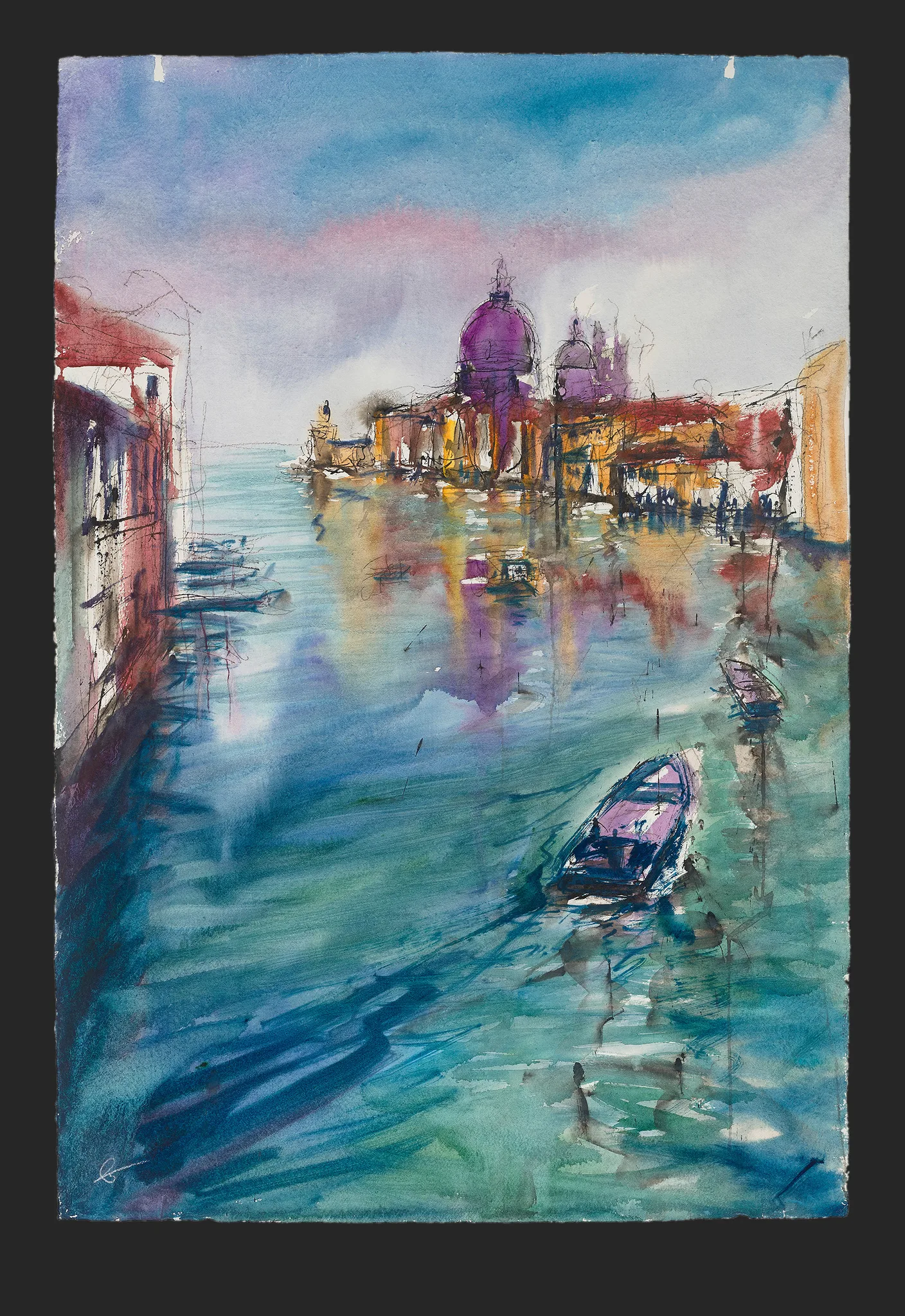 Serene Currents, an original painting by Paul Kenton: a loose watercolour canal in Venice, with a purple domed church reflected in teal water and a small boat in the foreground.