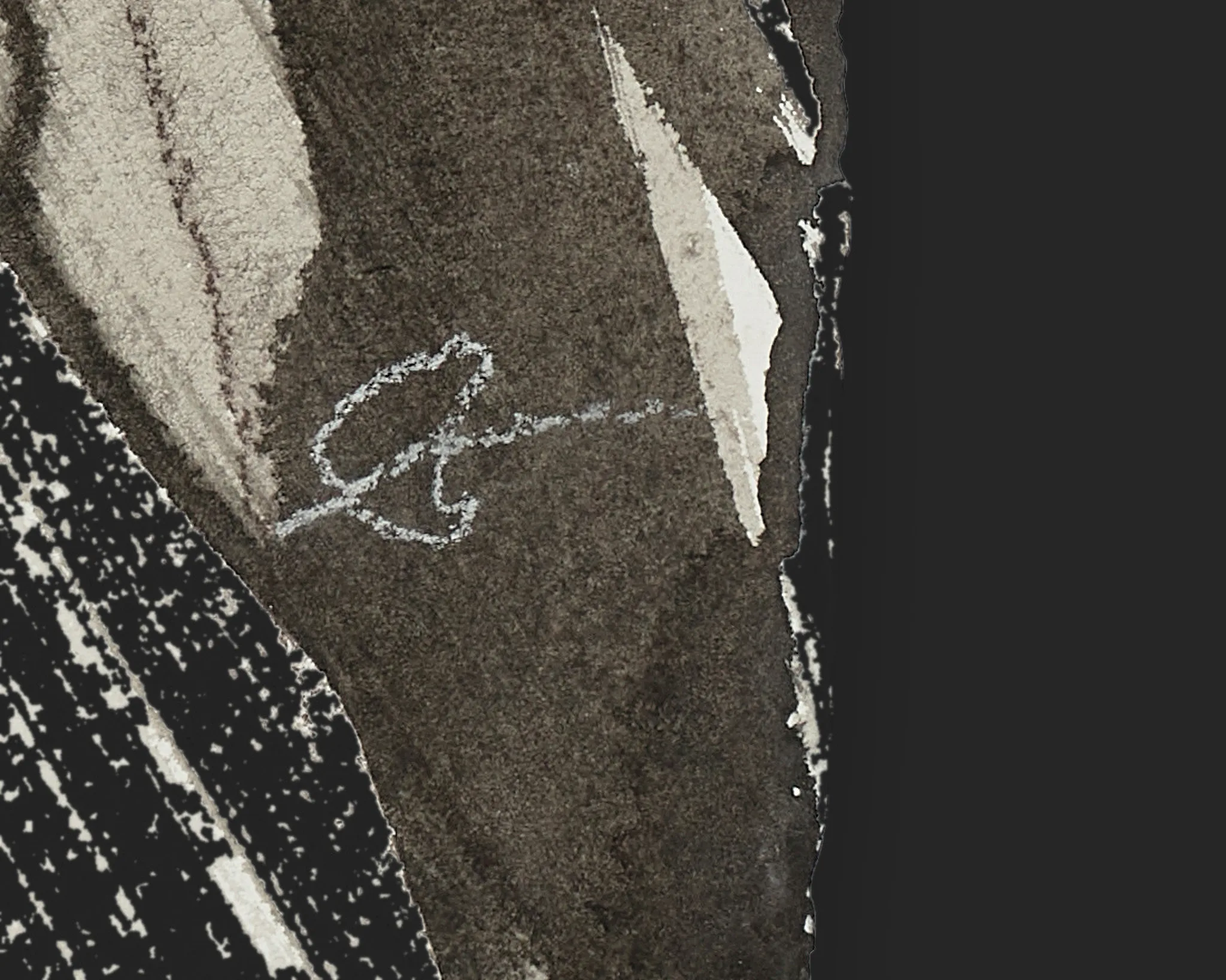 Close-up detail of Rush Hour Rhythm, an original watercolour and ink painting by Paul Kenton, showing a pale chalky signature on dark brown textured paper beside bold cream and black strokes.