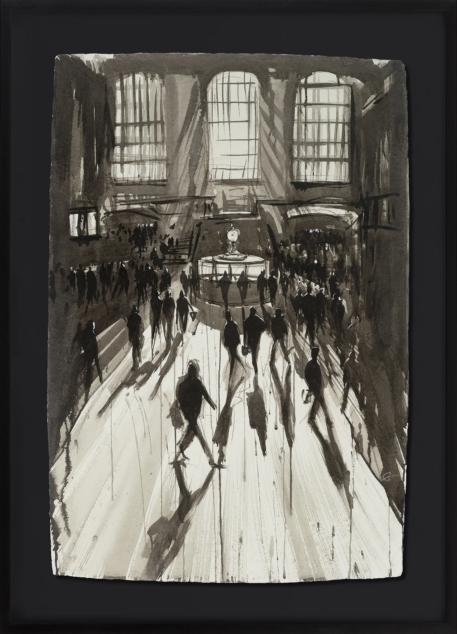 Rush Hour Rhythm, an original watercolour and ink painting by Paul Kenton, shown in a black frame: a monochrome grand station hall filled with striding commuters, tall arched windows and long shadows.