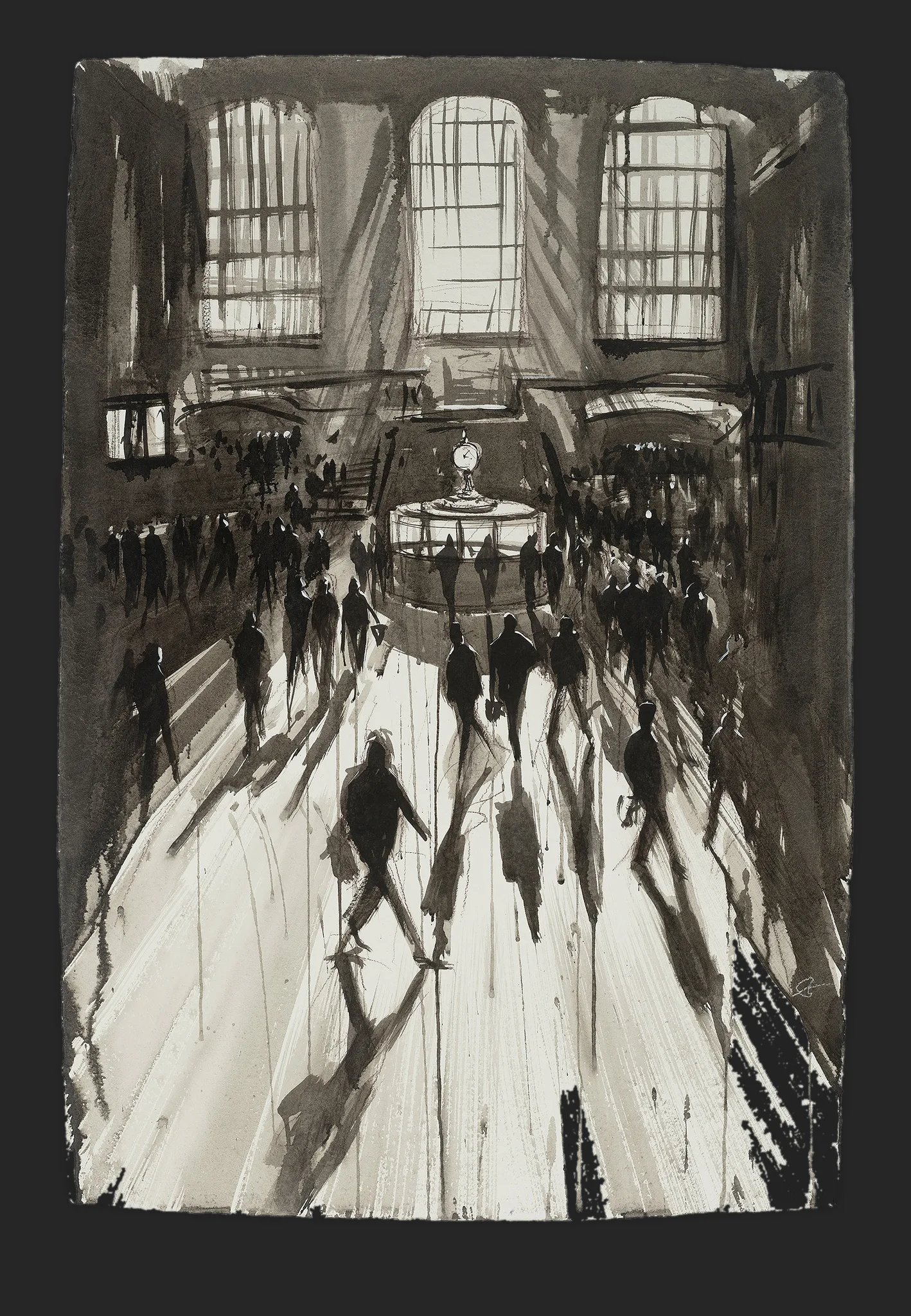 Rush Hour Rhythm, an original painting by Paul Kenton: monochrome watercolour and ink of dark commuter silhouettes crossing a sunlit New York station concourse beneath tall arched windows.