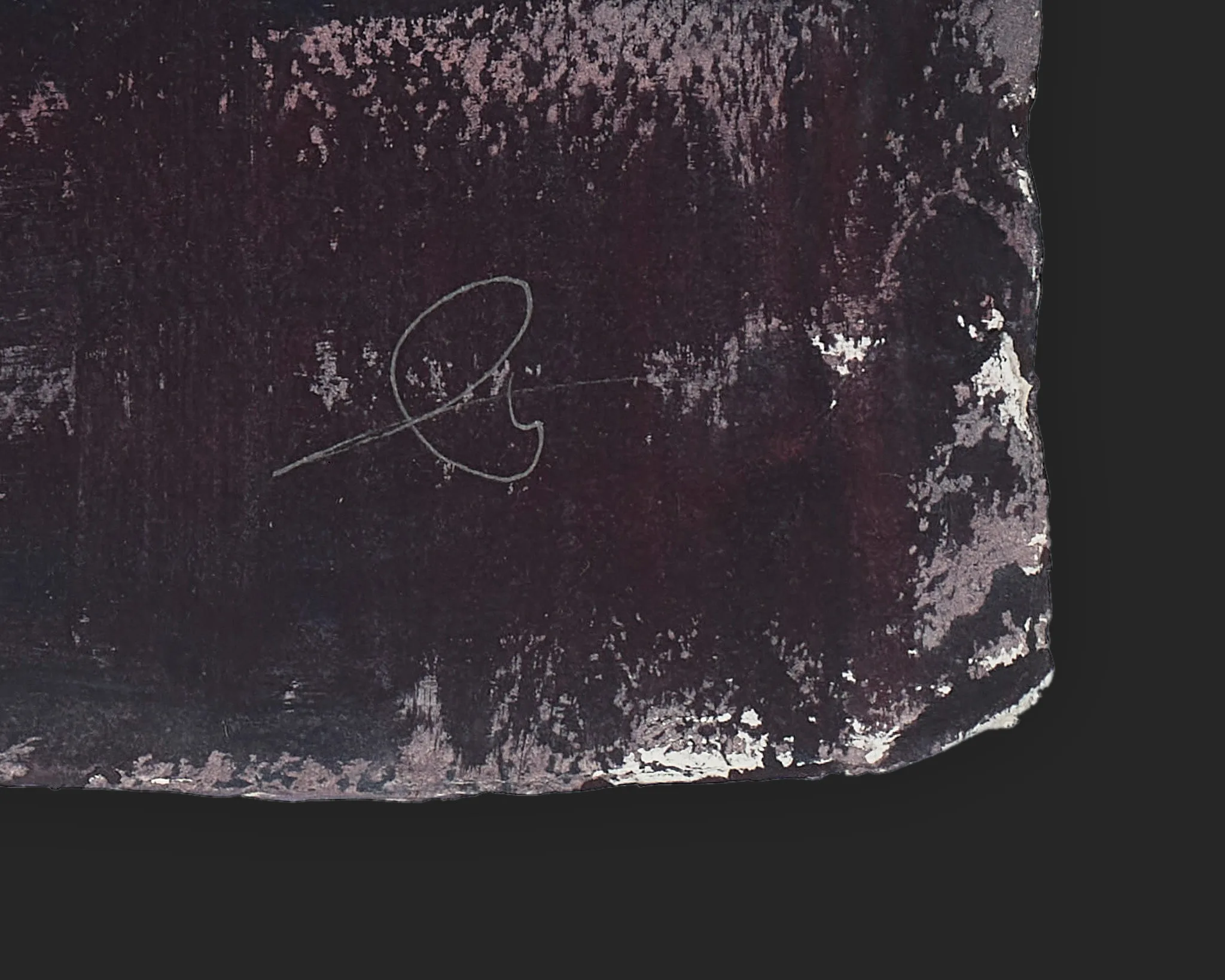Close-up detail of New York Crossing, an original painting by Paul Kenton, showing his signature in pale grey on dark, worn, textured paint with flecks of light beneath.
