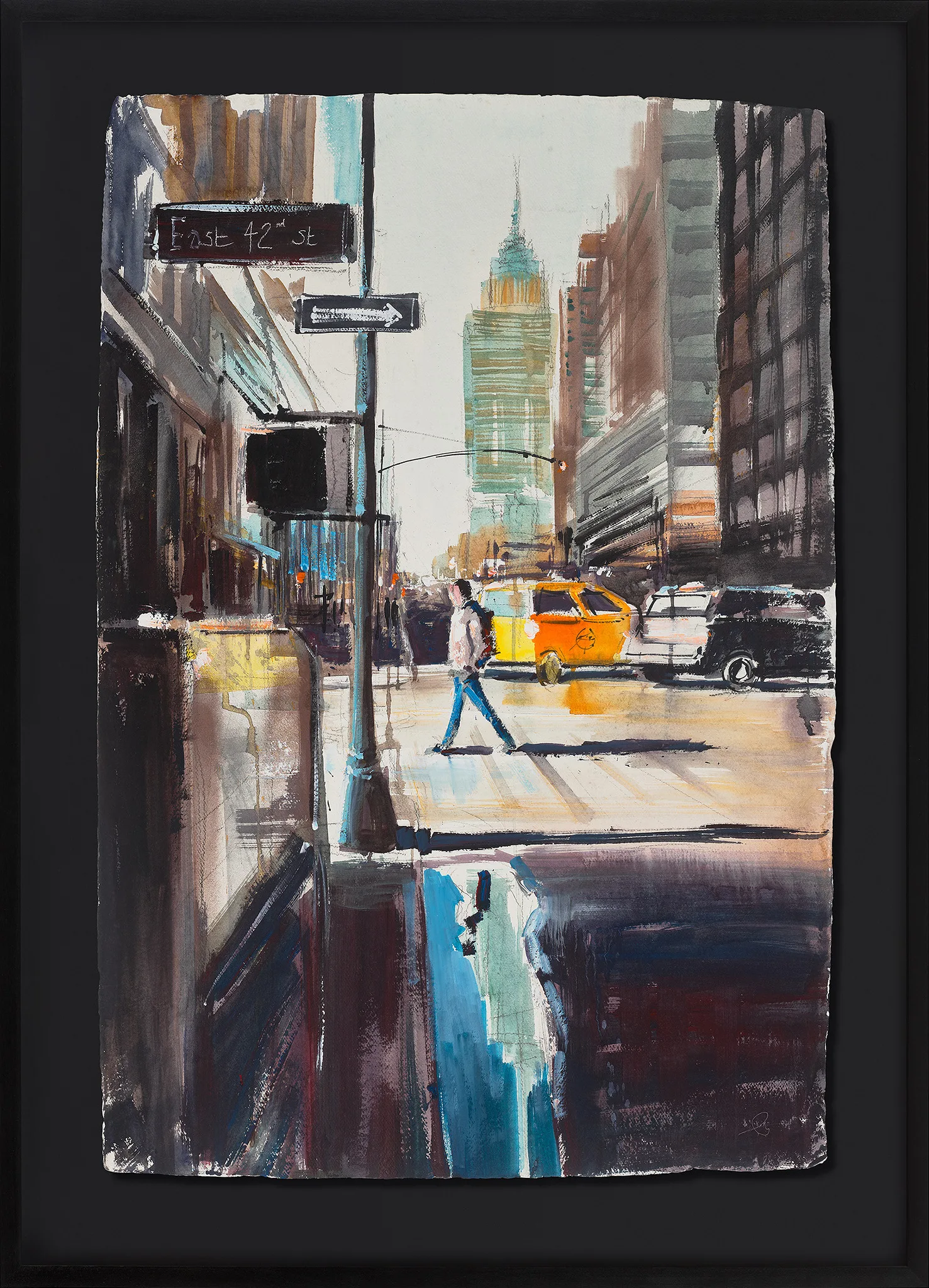 New York Crossing, an original painting by Paul Kenton in a black frame: a loose, textured street scene on East 42nd Street with a lone pedestrian crossing past a yellow taxi toward a green-tinted tower.