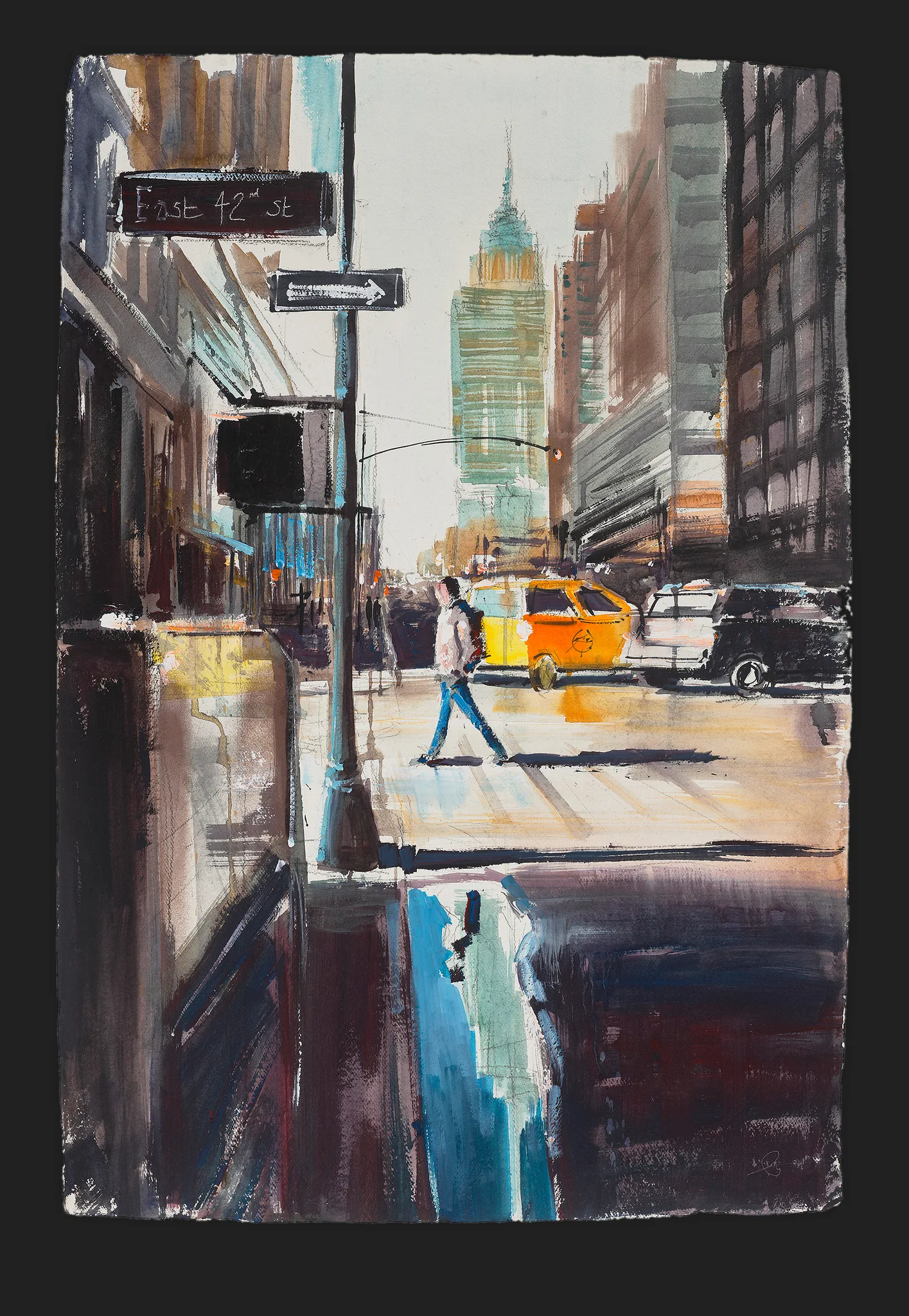 New York Crossing, an original painting by Paul Kenton: a loose, textured street scene of East 42nd Street with a lone pedestrian crossing beneath a green-tinted skyscraper, a yellow taxi and dark buildings framing the view.