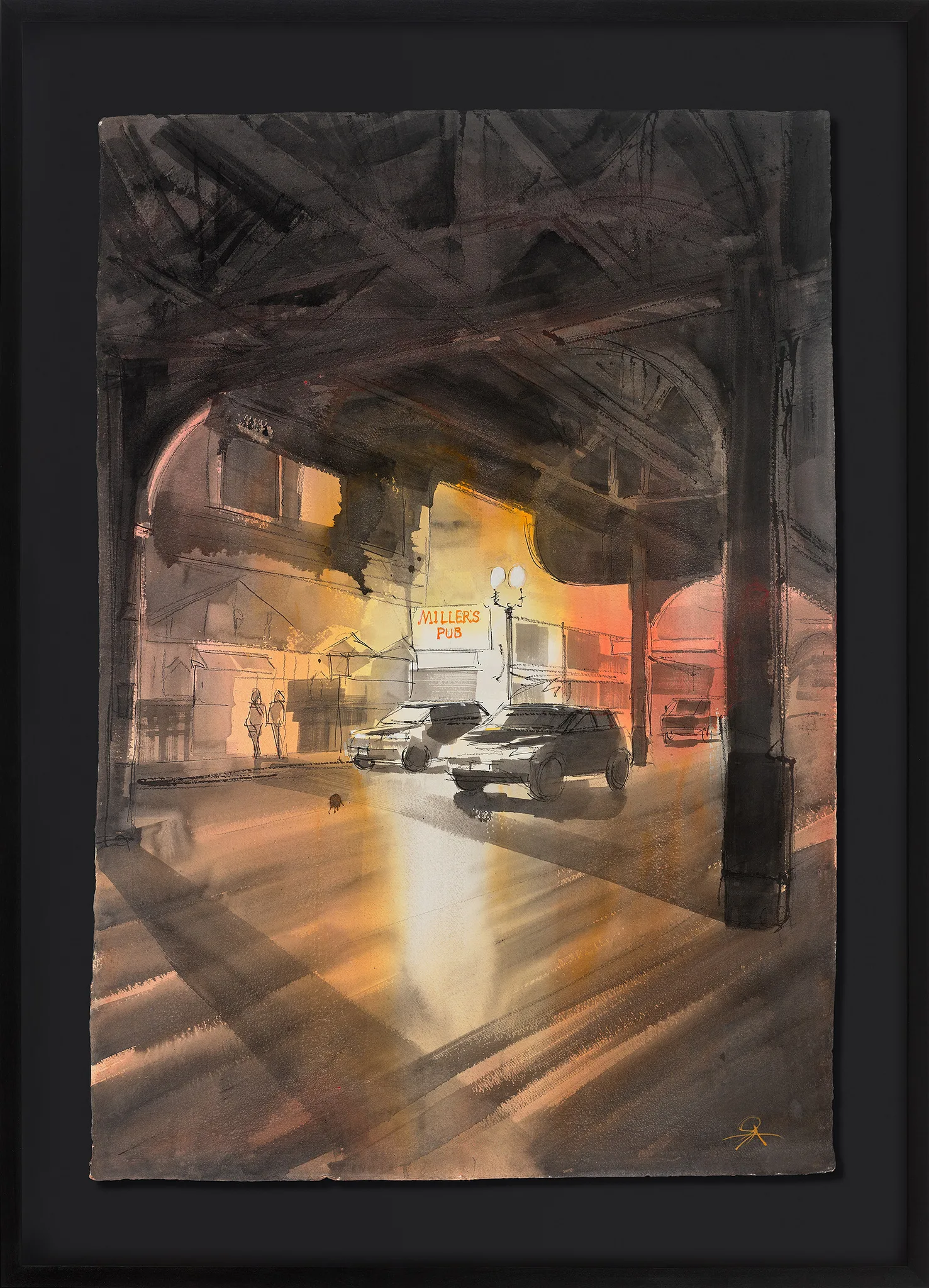 Inviting Warmth, an original painting by Paul Kenton in a black frame: a rain-dark street under an iron railway viaduct, with the glowing amber sign of Miller's Pub and two parked cars.