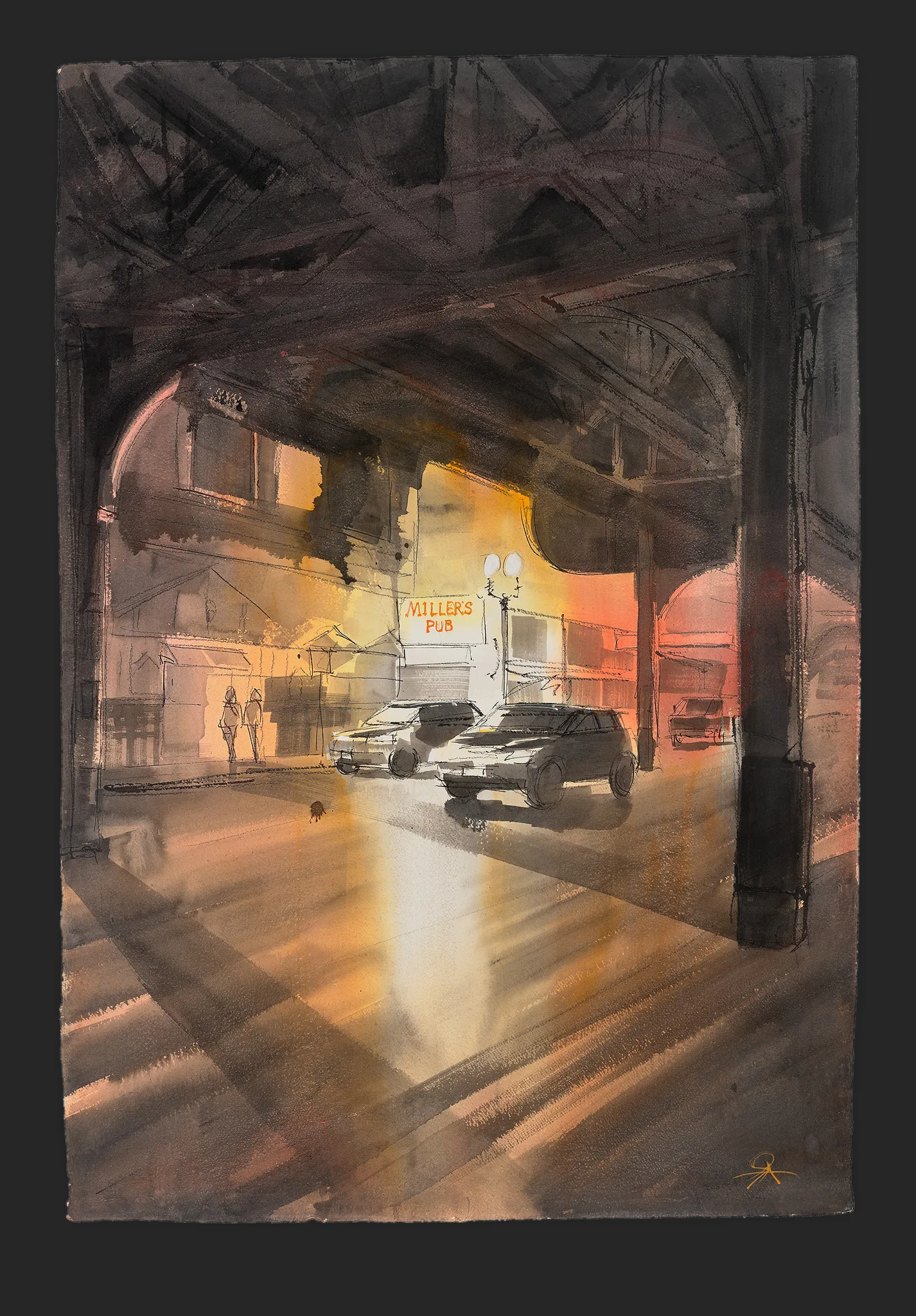 Inviting Warmth, an original painting by Paul Kenton: a night street beneath a dark iron railway arch, with a glowing Millers Pub sign, parked cars and warm amber light reflecting on the road.