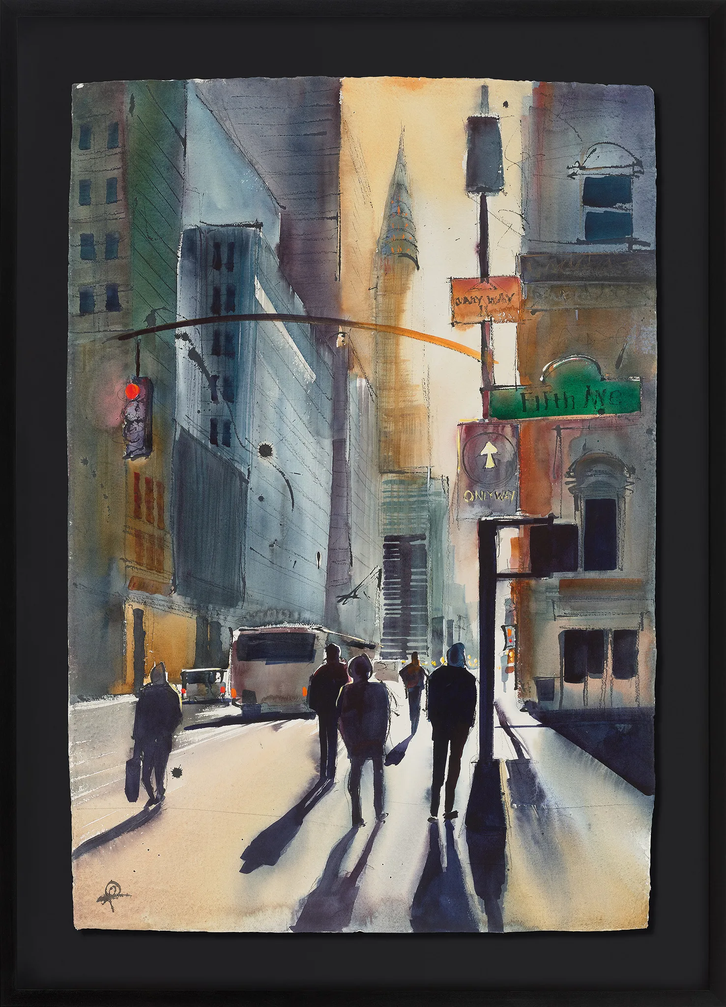 First Light Steps, an original watercolour and ink painting by Paul Kenton, shown in a black frame: a New York street at dawn, with figures casting long shadows toward a tall spired tower under warm amber light.