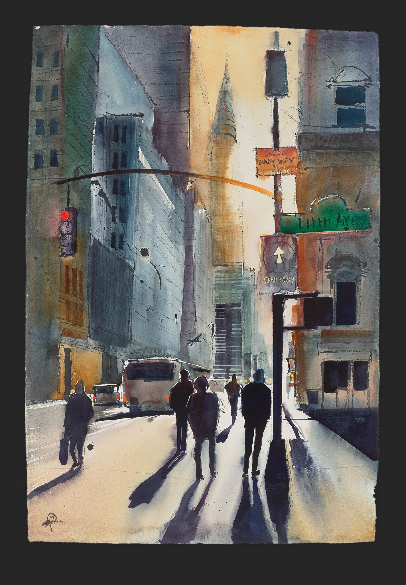 First Light Steps, an original painting by Paul Kenton: a watercolour and ink street scene of Fifth Avenue, New York, with silhouetted pedestrians casting long shadows toward a glowing, sunlit spire.