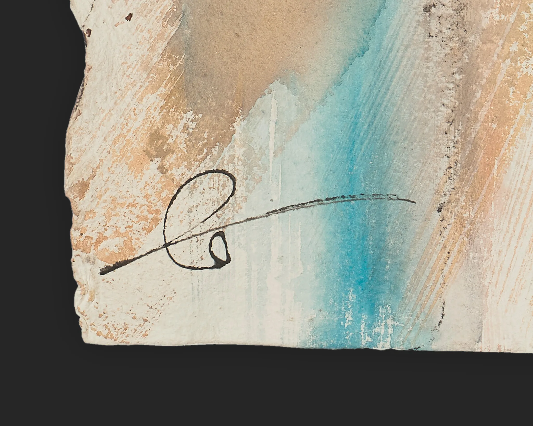 Close-up of Double Vision, an original painting by Paul Kenton, showing his black ink signature over pale cream, ochre and teal watercolour washes on torn-edged Indian paper.
