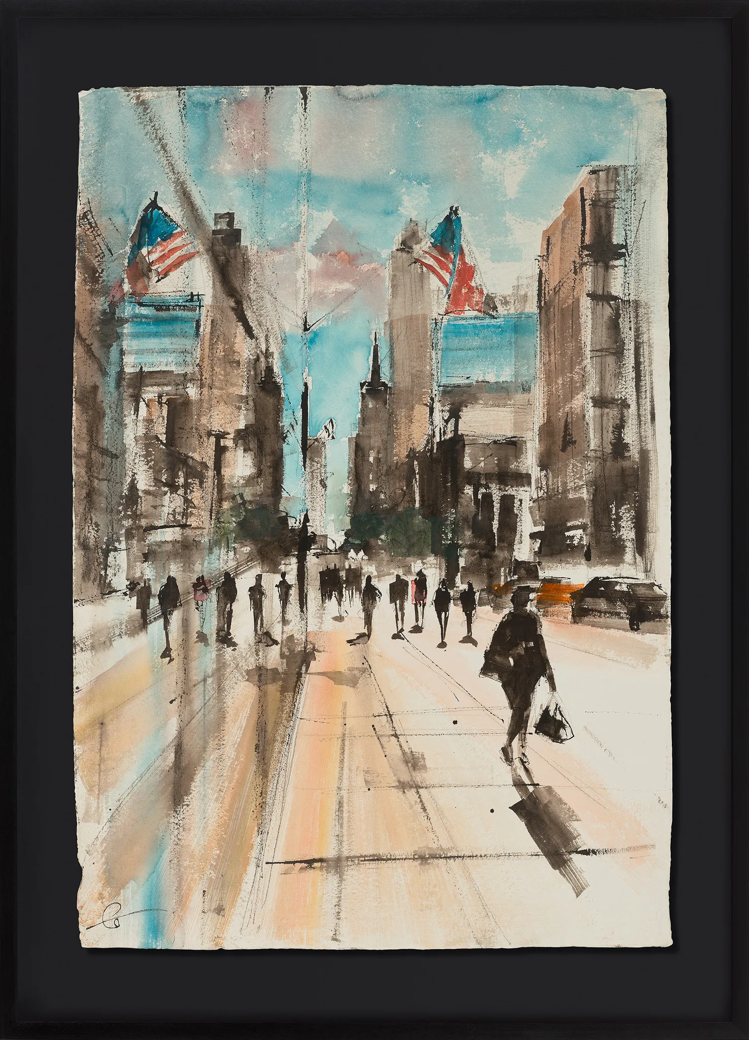 Double Vision, an original watercolour and ink painting by Paul Kenton, shown in a black frame: a loose, sketchy New York street with American flags, pedestrians walking towards the viewer, and muted blue, ochre and grey tones.