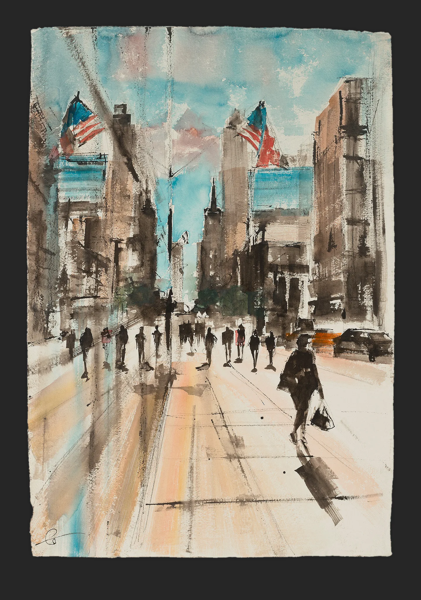 Double Vision, an original painting by Paul Kenton: a sunlit New York avenue in loose watercolour and ink, with American flags, tall buildings and figures walking under a turquoise sky.