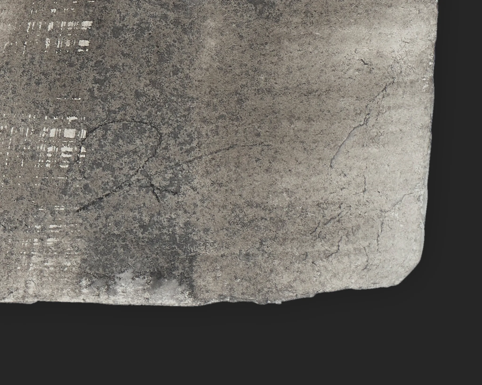 Close-up detail of Tower Bridge Downpour, an original painting by Paul Kenton: grey, textured ink and charcoal on Indian paper, with faint scratched lines and a pale, worn corner.