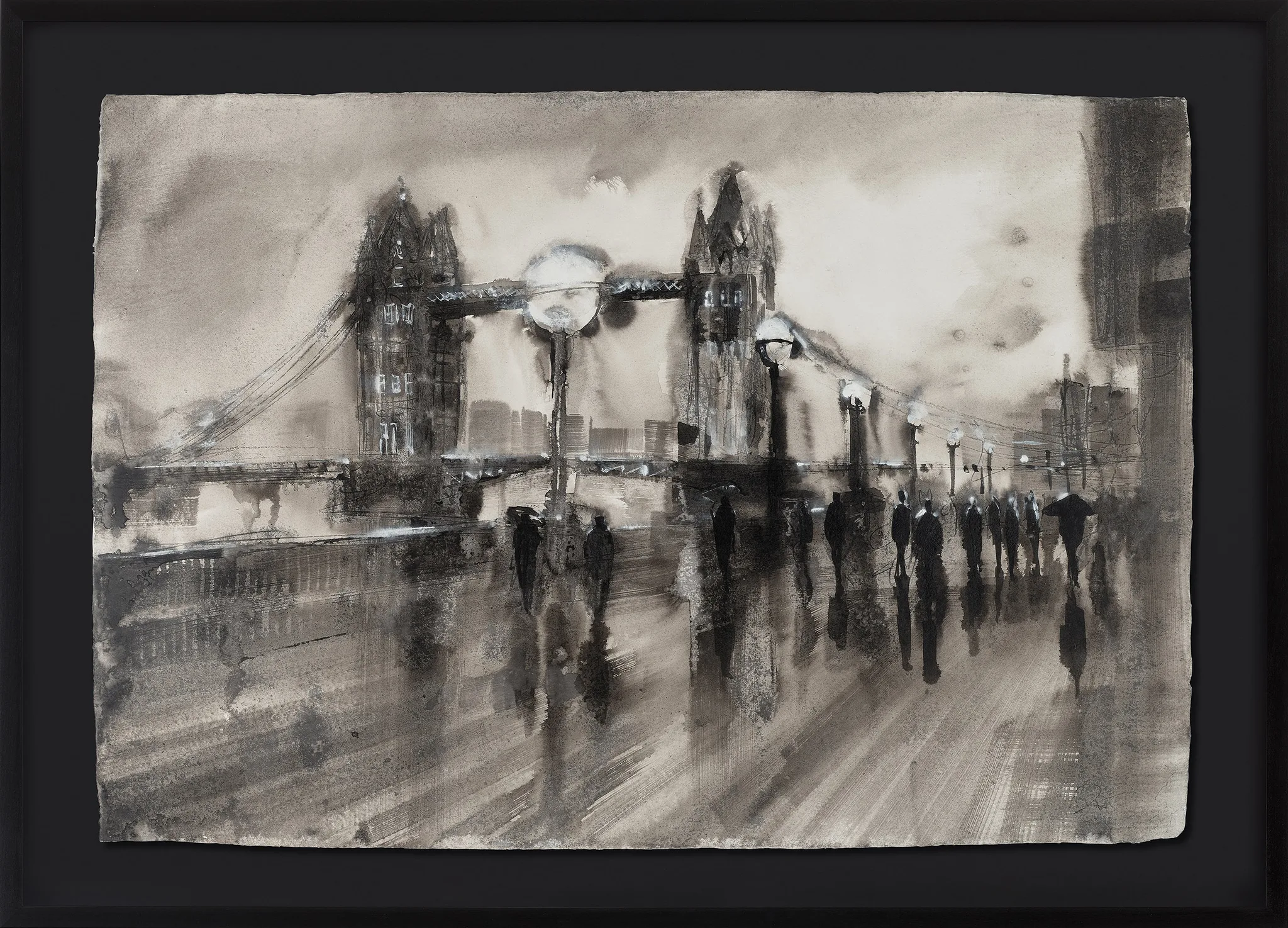 Tower Bridge Downpour, an original painting by Paul Kenton in a black frame: a monochrome scene of umbrella-carrying figures walking across Tower Bridge in rain, its towers softened by grey wash.
