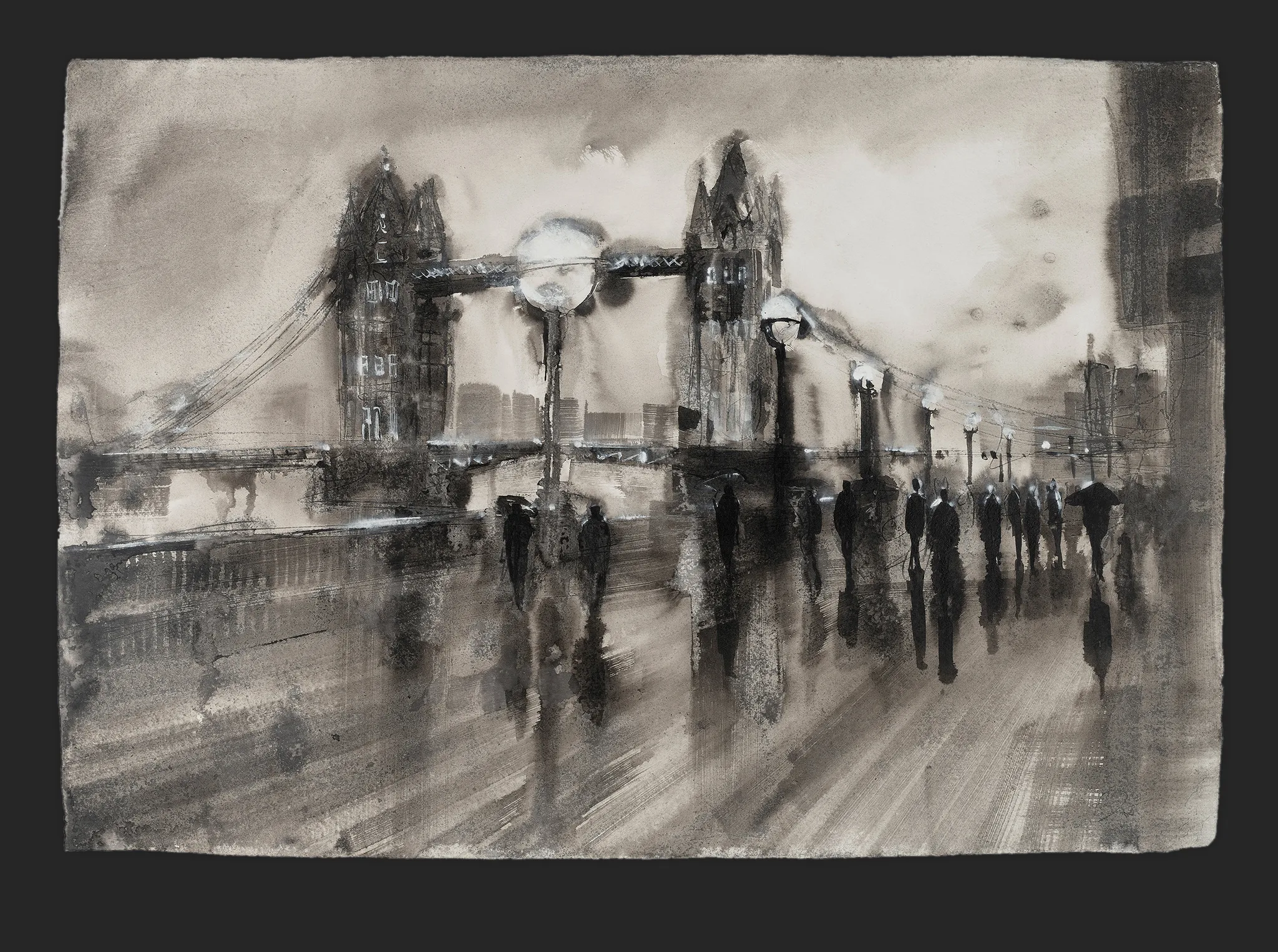 Tower Bridge Downpour, an original painting by Paul Kenton: a monochrome view of Tower Bridge in London's rain, with blurred figures and umbrellas crowding the wet pavement under gaslamps.