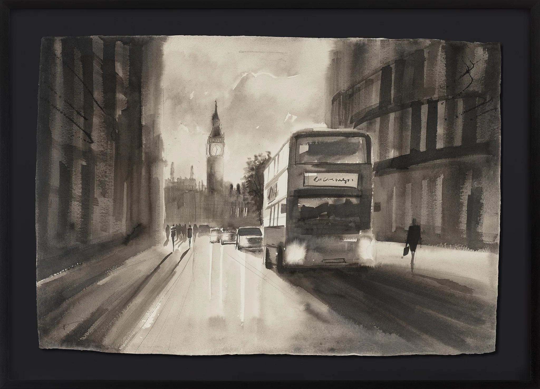 City in Transit, an original ink and charcoal painting by Paul Kenton in a black frame: a grey London street with Big Ben, a double-decker bus and pedestrians, washed in soft monochrome tones.