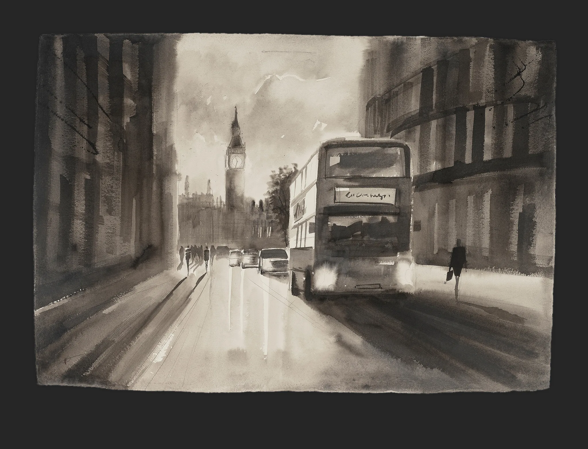 City in Transit, an original painting by Paul Kenton: a monochrome ink and charcoal London street with a double-decker bus approaching and Big Ben rising in soft grey mist beyond.