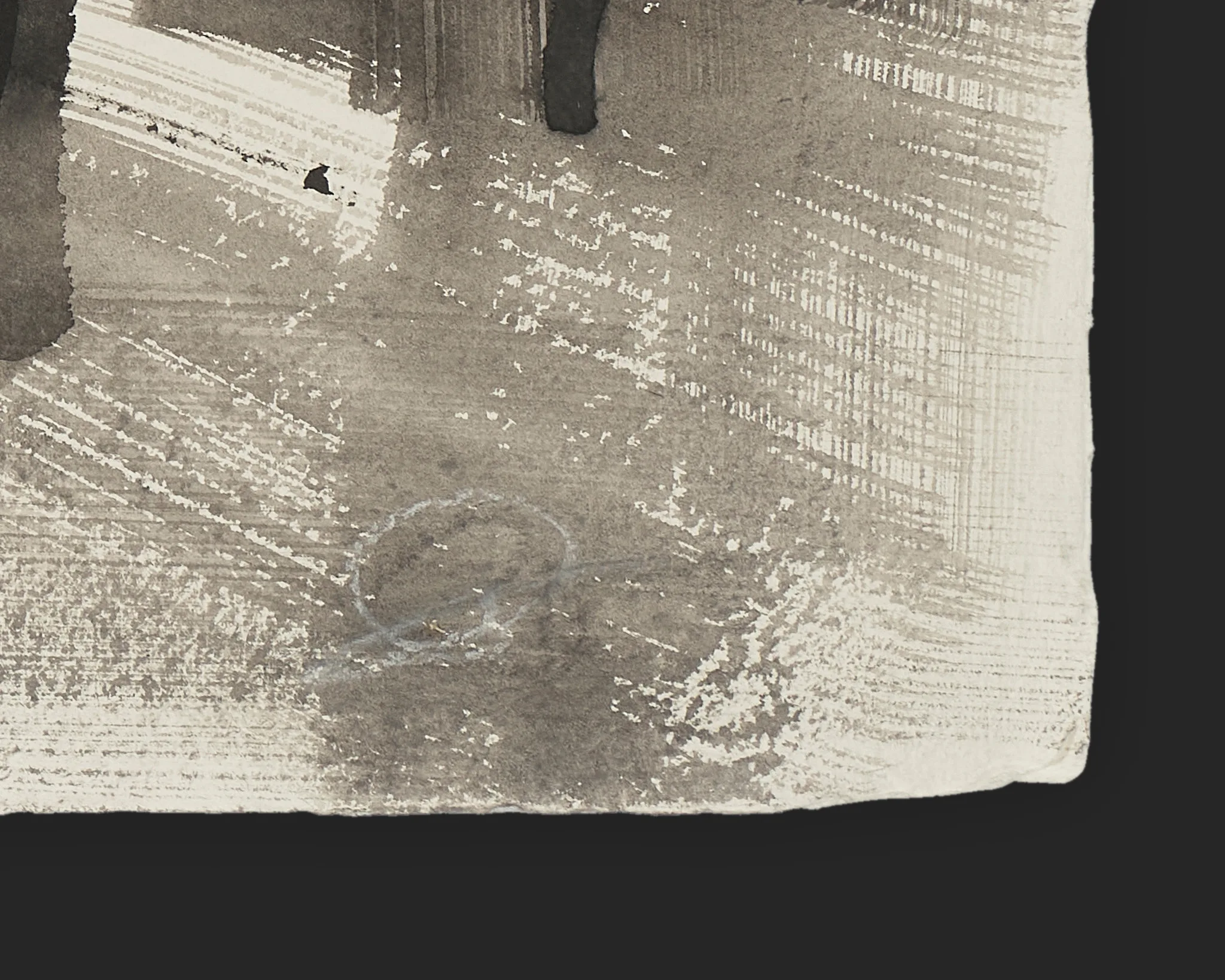Close-up detail of Piccadilly Pulse, an original ink painting by Paul Kenton, showing dry-brushed pale strokes and grey-brown washes on textured paper, with dark vertical marks at the top edge.
