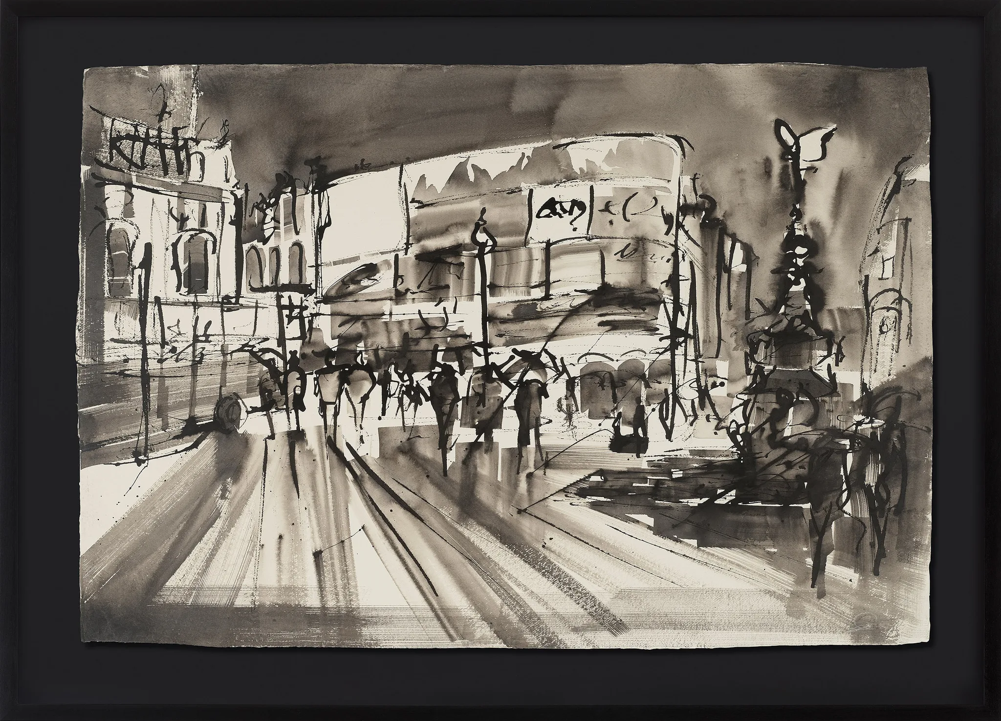 Piccadilly Pulse, an original ink painting by Paul Kenton, shown in a black frame: a loose, gestural monochrome scene of Piccadilly Circus with a red-and-white double-decker bus, a crowd and the Eros statue.