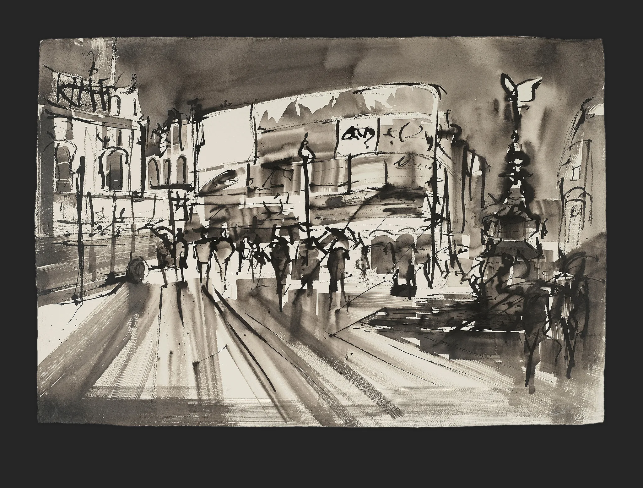Piccadilly Pulse, an original ink painting on Indian paper by Paul Kenton: a loose monochrome London street scene with a double-decker bus, pedestrians and sweeping dark strokes on pale ground.