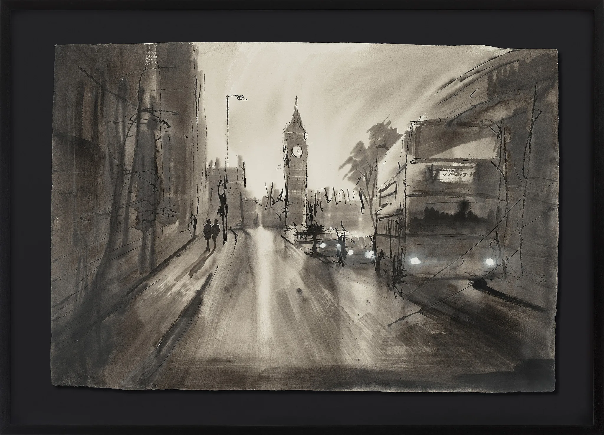 On the Move, an original ink painting by Paul Kenton in a black frame: a grey, misty London street with Big Ben rising at the end, a bus and walkers in the foreground.