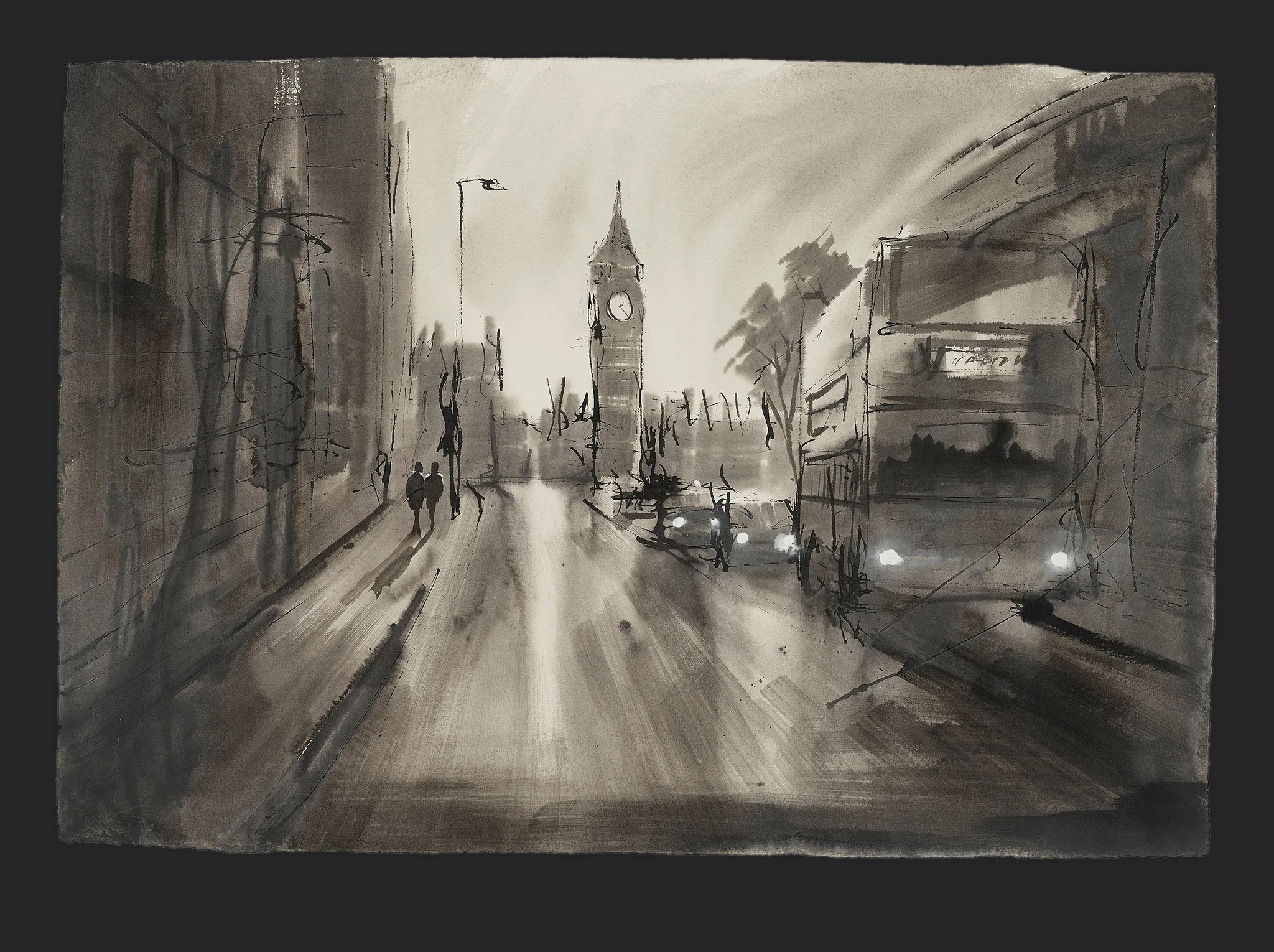 On the Move, an original ink painting by Paul Kenton: a loose grey wash of a London street at dusk, with a double-decker bus on the right, two figures on the left pavement and Big Ben's clock tower glowing in the misty distance.