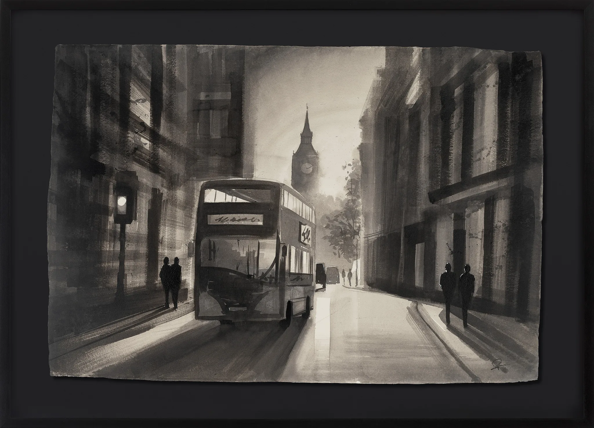 Chasing the Day, an original ink on Indian paper painting by Paul Kenton, shown in a black frame: a monochrome London street with a double-decker bus and a distant clock tower in misty light.