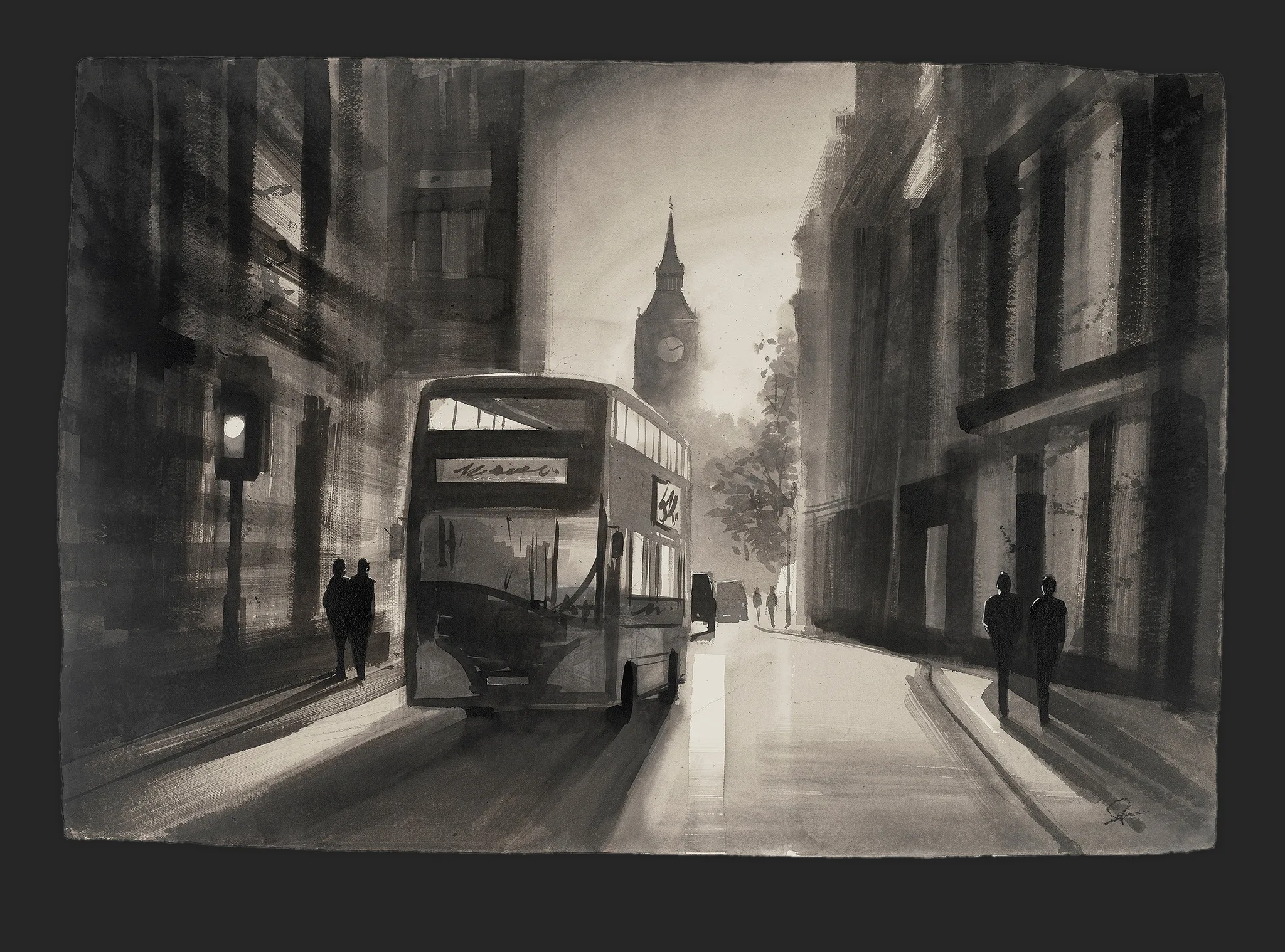 Chasing the Day, an original ink painting by Paul Kenton: a misty grey London street with a double-decker bus and Big Ben fading into haze.