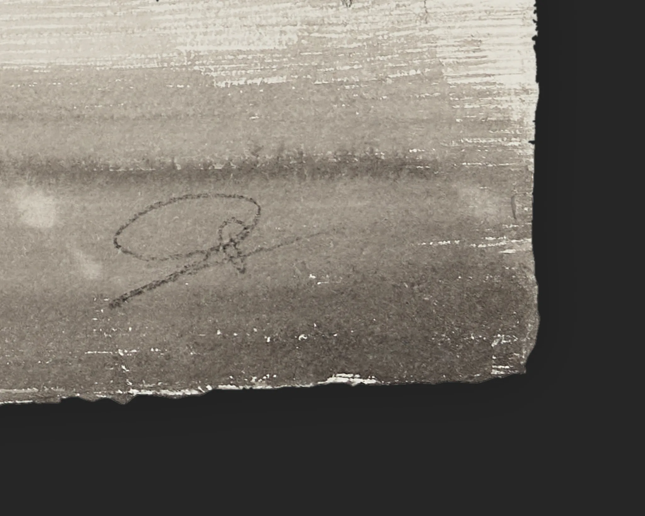 Close-up of Paul Kenton's pencilled signature in the lower corner of Crowds in the Square, an original ink painting on Indian paper, with grey washes and torn deckled edges.