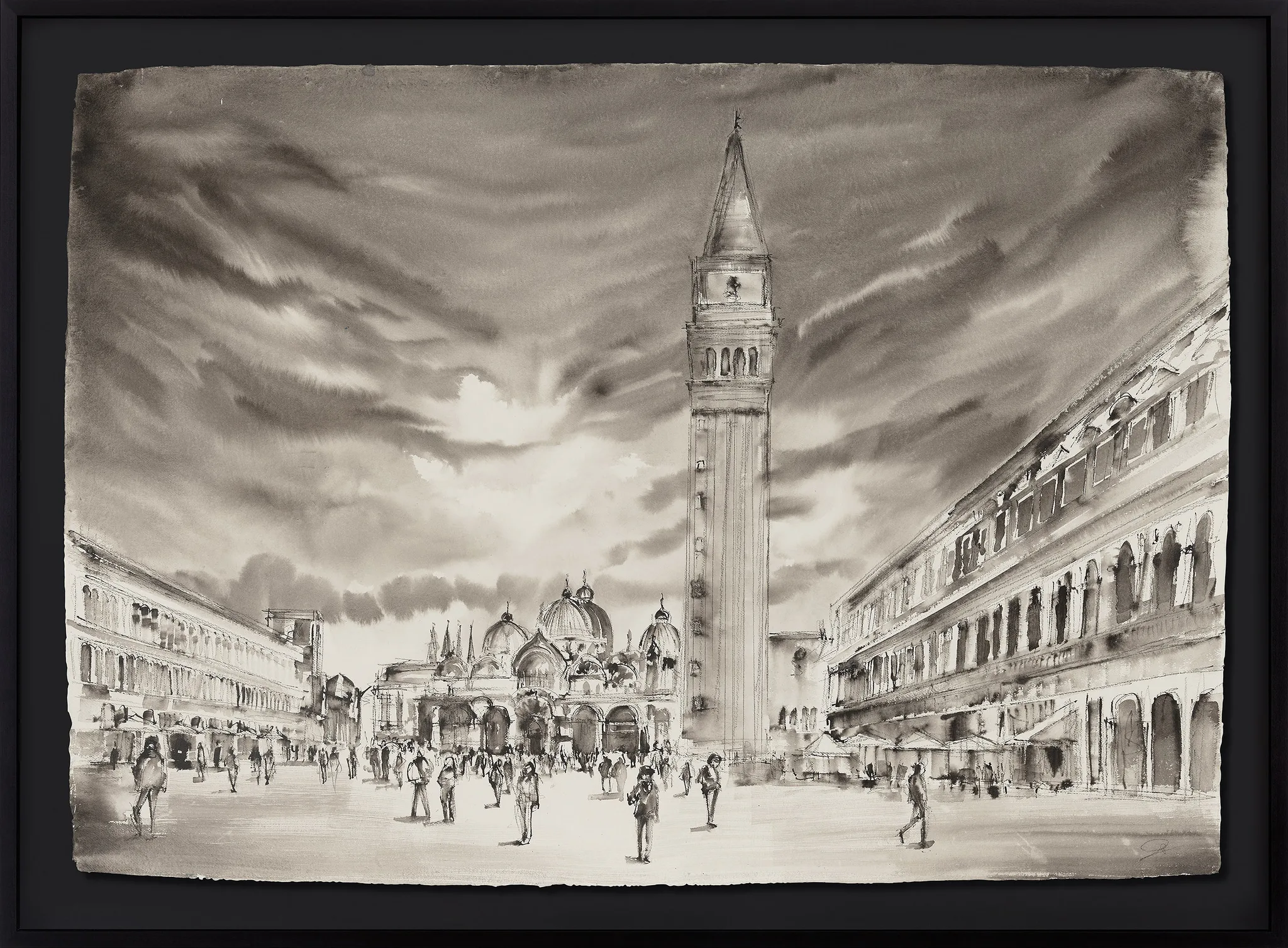 Crowds in the Square, an original ink painting by Paul Kenton in a black frame: Venice's Piazza San Marco under a moody sky, with the bell tower and domed basilica in sepia tones.