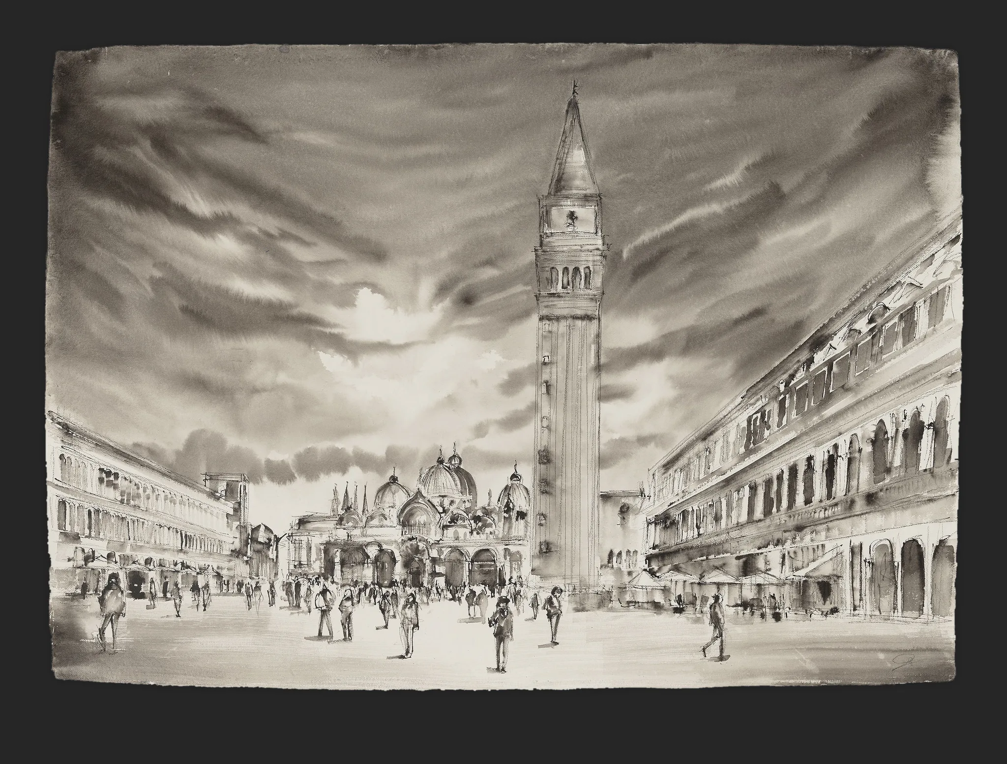 Crowds in the Square, an original painting by Paul Kenton: a monochrome ink view of Venice's Piazza San Marco, with a tall campanile and basilica domes beneath a turbulent sky.