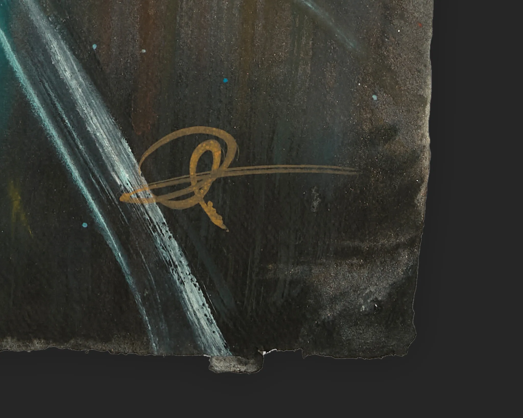 Close-up of the lower corner of Flatiron Downpour, an original painting by Paul Kenton, showing his gold signature over dark, brushed paint and a pale diagonal streak of rain.