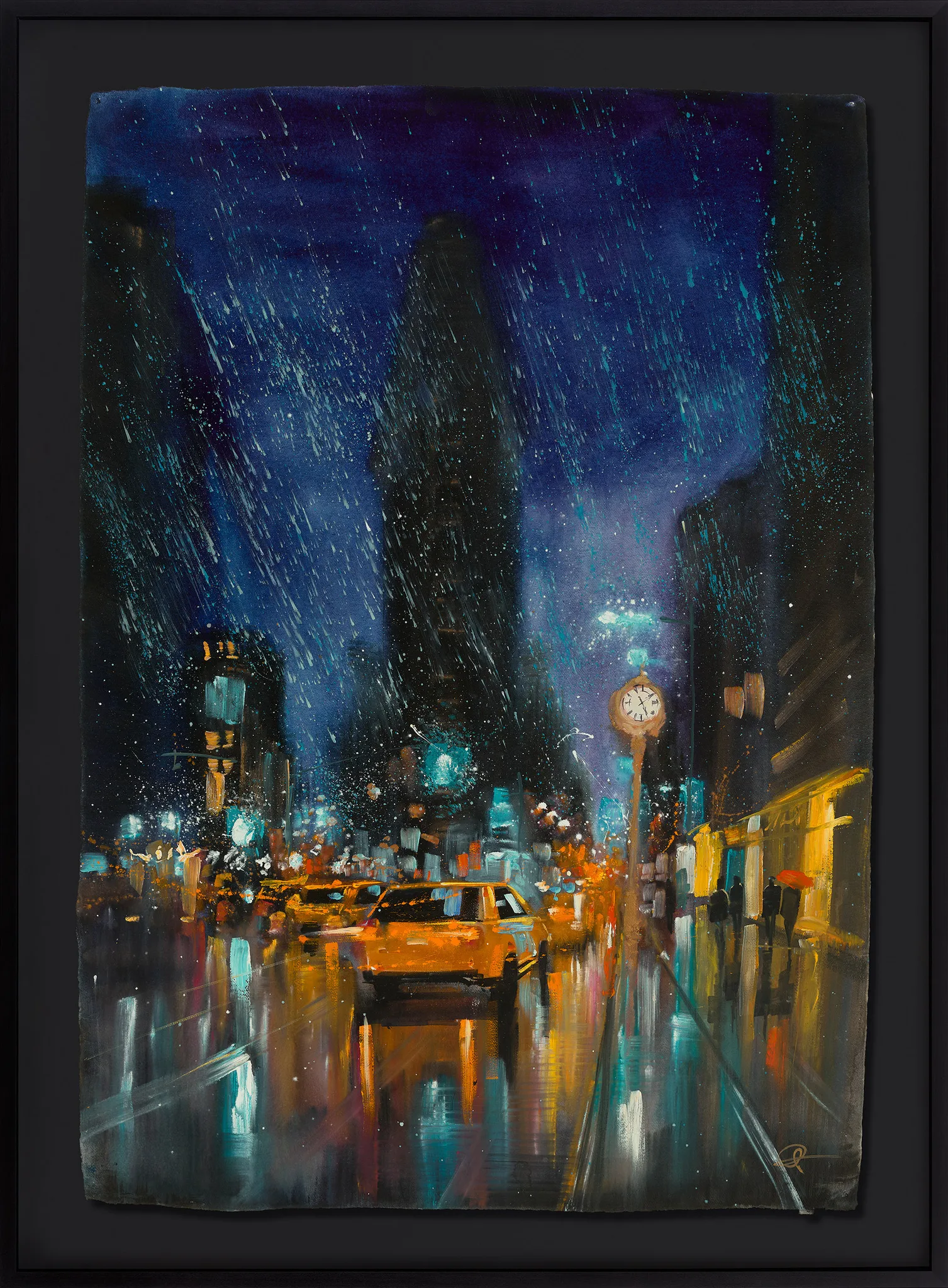 Flatiron Downpour, an original painting by Paul Kenton in a black frame: rain-streaked New York street at night, yellow taxis glowing under a deep blue sky, wet road reflecting amber and teal light.