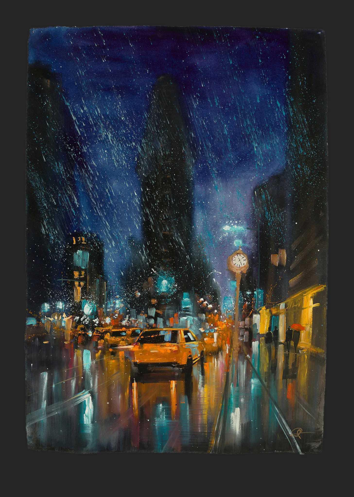 Flatiron Downpour, an original painting by Paul Kenton: a rainy New York night with the Flatiron Building under a deep blue sky, yellow taxis and glowing reflections on wet street.