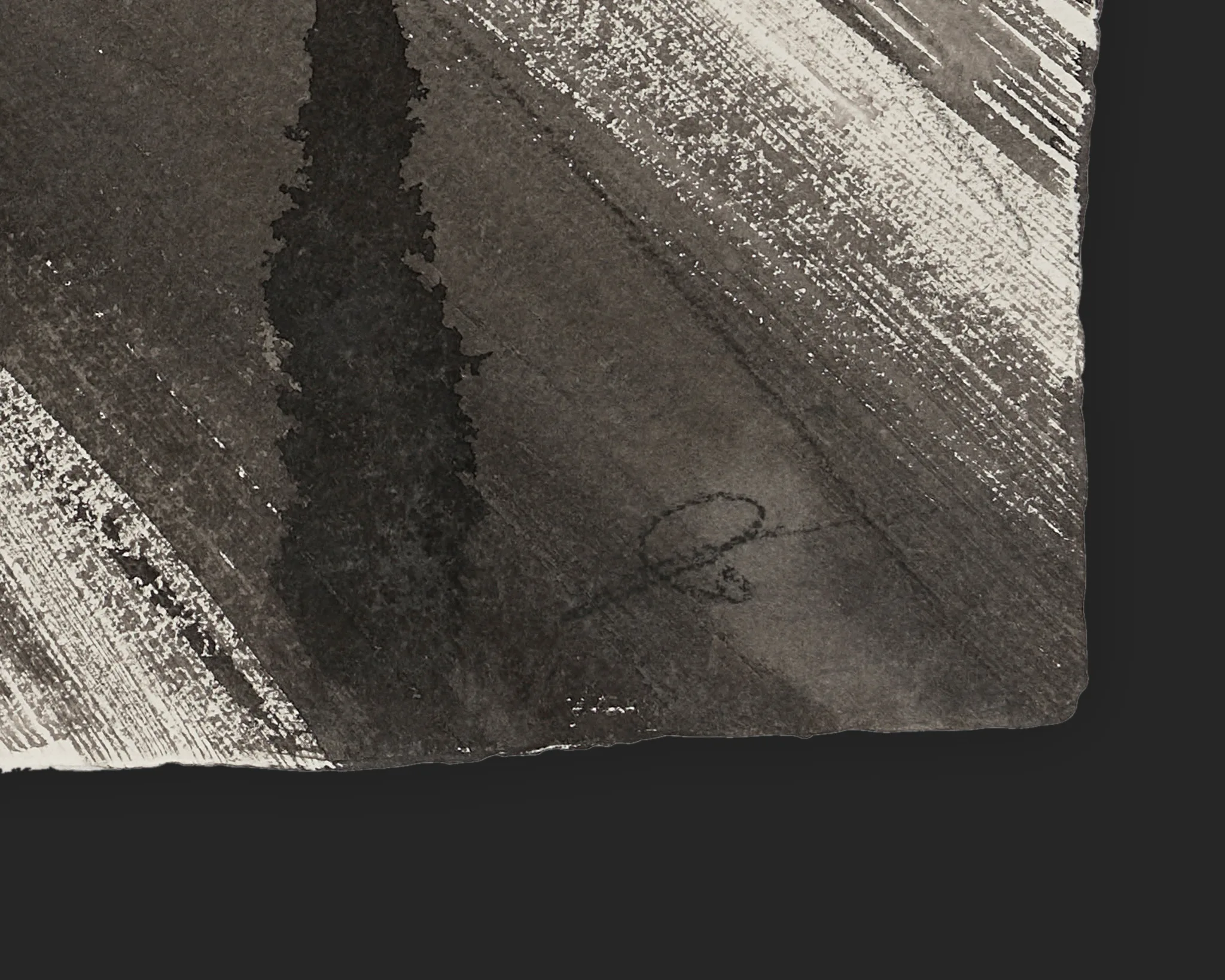 Close-up of the lower corner of Riverside Light, an original painting by Paul Kenton, showing dry-brush streaks in charcoal grey and cream, a dark vertical mark and his faint pencilled signature.