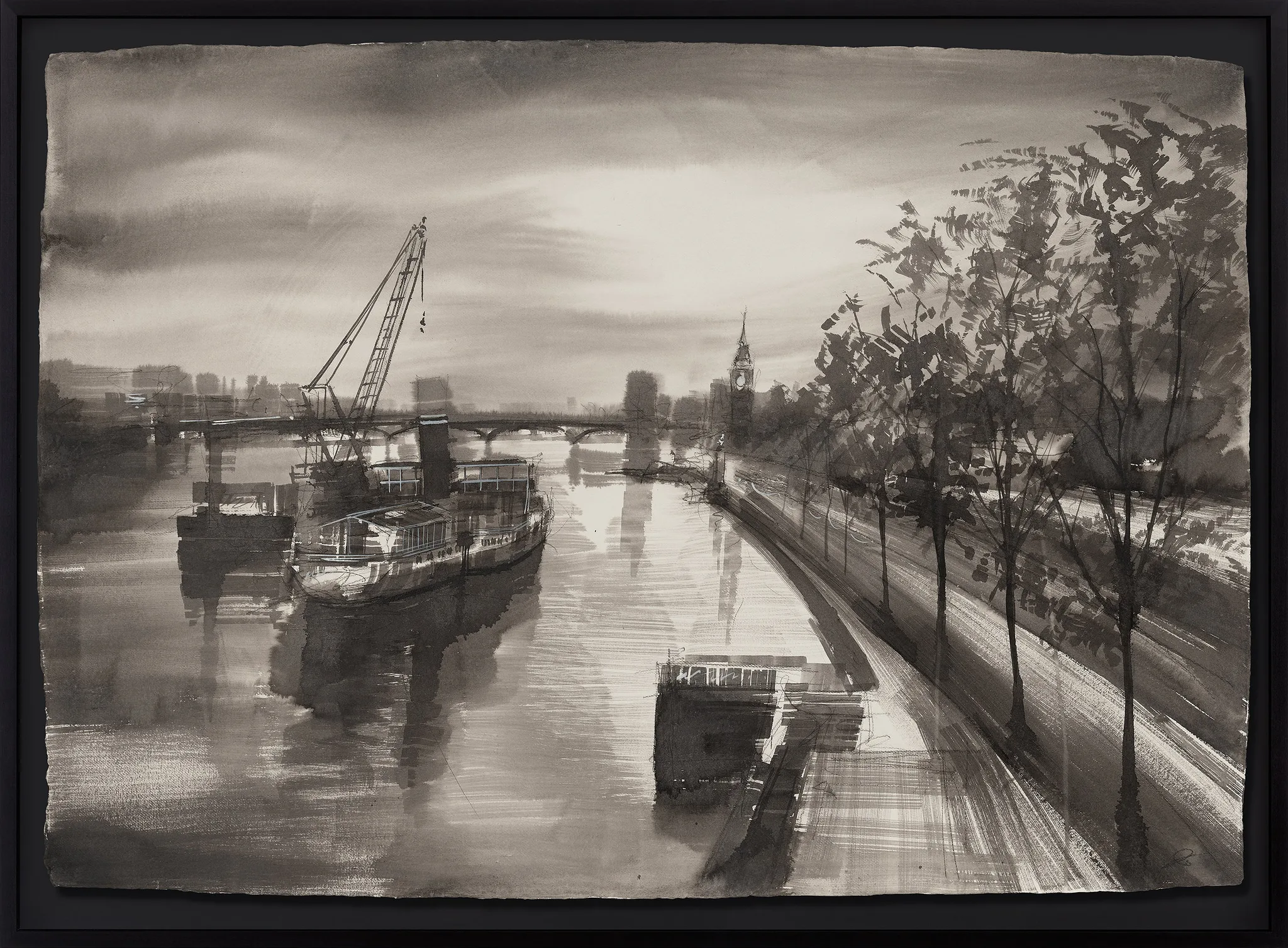 Riverside Light, an original painting by Paul Kenton in a black frame: a monochrome London river scene with moored barges, a crane, a bridge and a clock tower beside a tree-lined embankment.