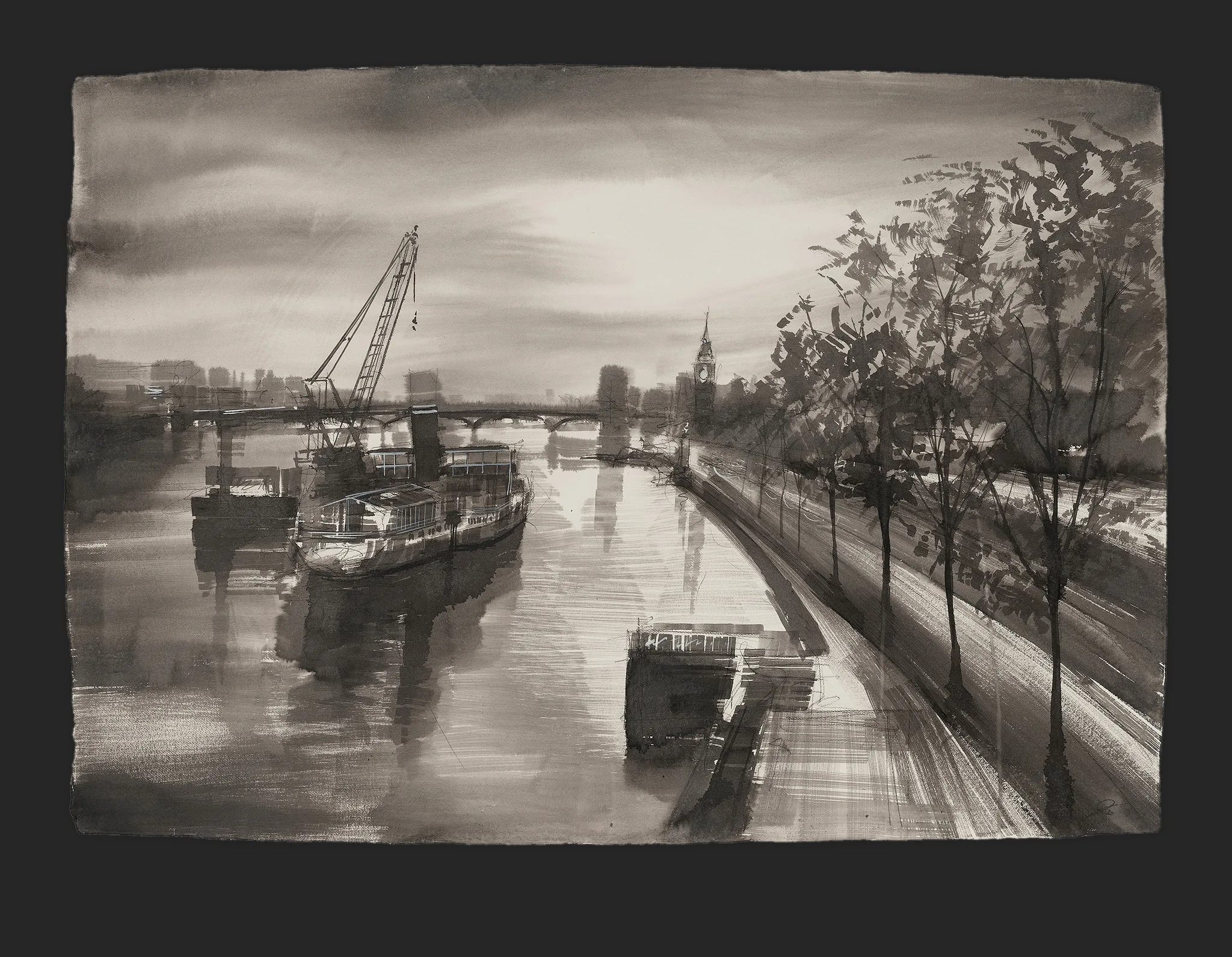 Riverside Light, an original painting by Paul Kenton: the Thames at dawn in soft grey ink, with moored barges, a crane, plane trees and a faint Big Ben.