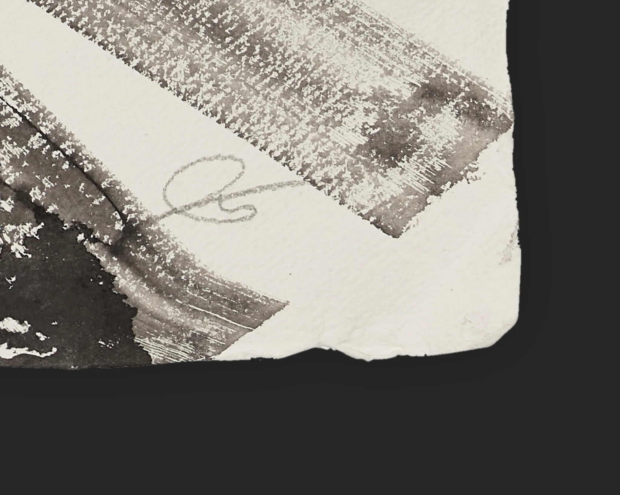 Close-up detail of City Alive, an original ink painting on Indian paper by Paul Kenton, showing his pencilled signature beside textured grey brushwork on the deckled corner of the sheet.