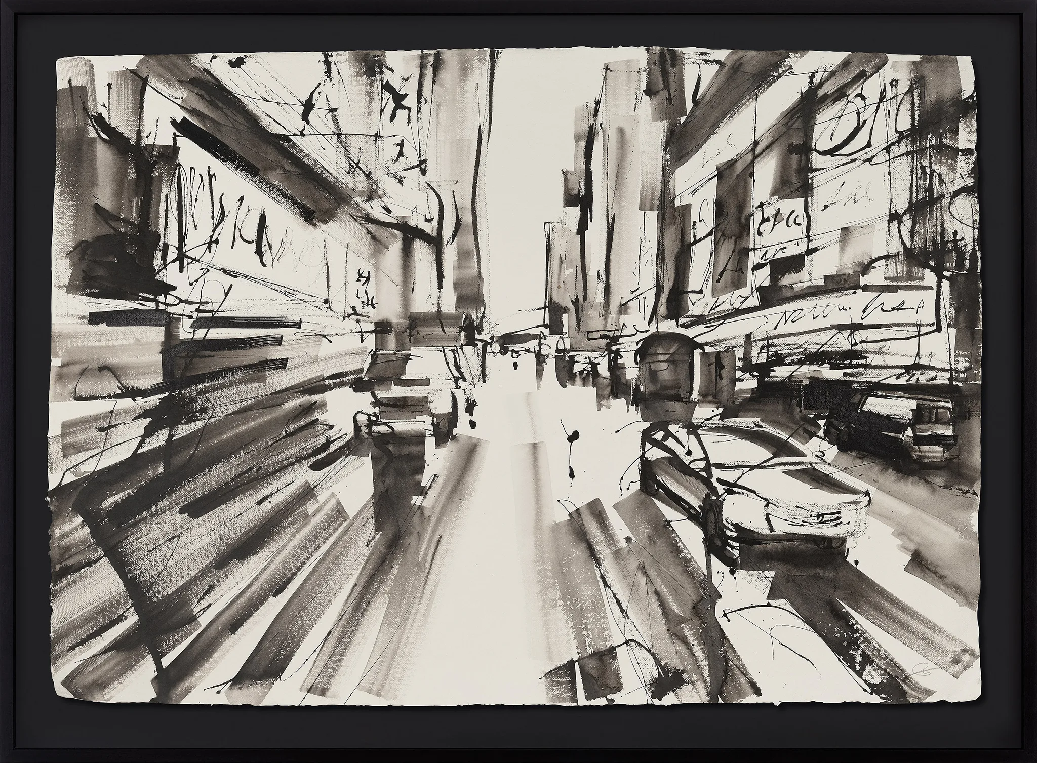 City Alive, an original ink painting by Paul Kenton in a black frame: a monochrome street canyon of loose, sweeping brushstrokes and scratchy lines, with a bright vanishing point.
