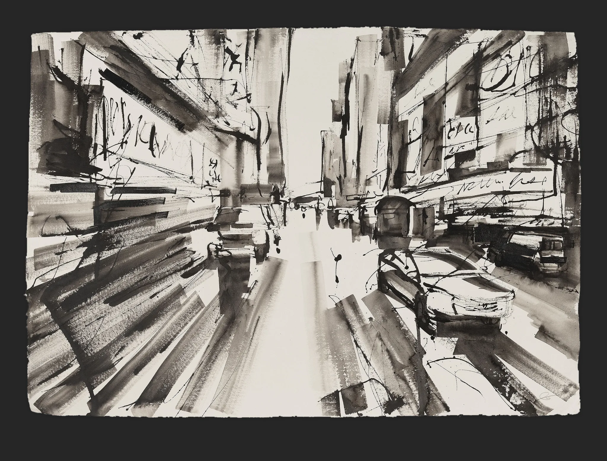 City Alive, an original painting by Paul Kenton: a gestural ink drawing in greys and black of a New York street receding to a bright central vista, with bold brushstrokes suggesting buildings, signs and parked cars.