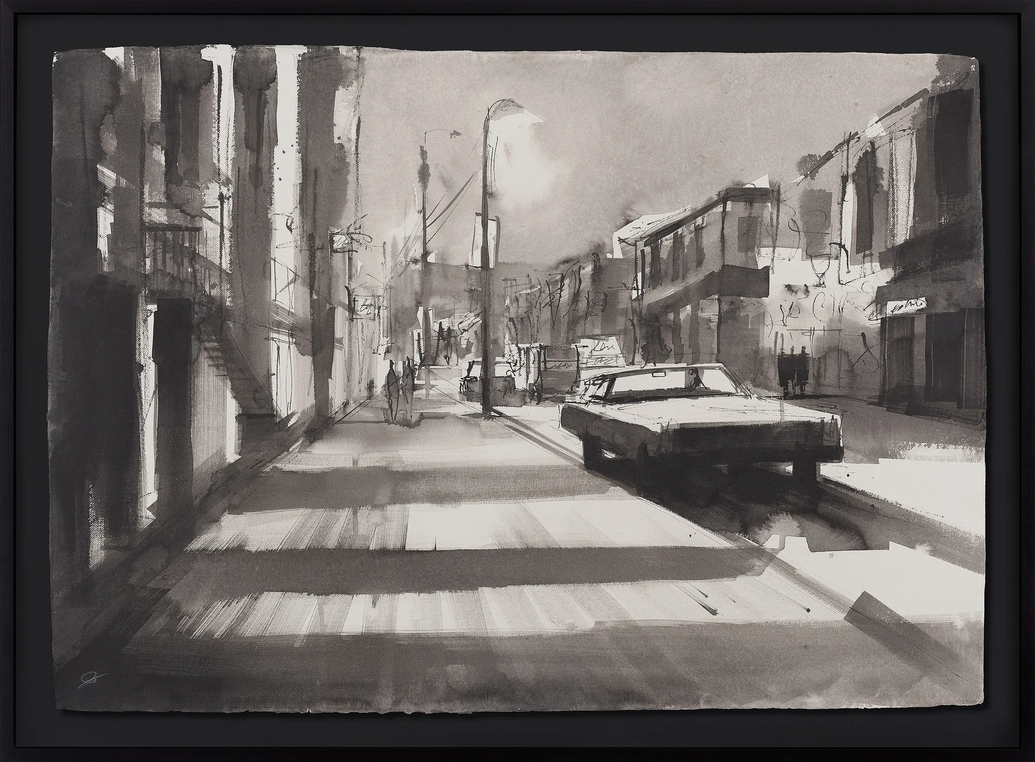 Sidewalk Shadows, an original ink painting by Paul Kenton in a black frame: a monochrome city street with long striped shadows across the road, a parked car and a lone figure.