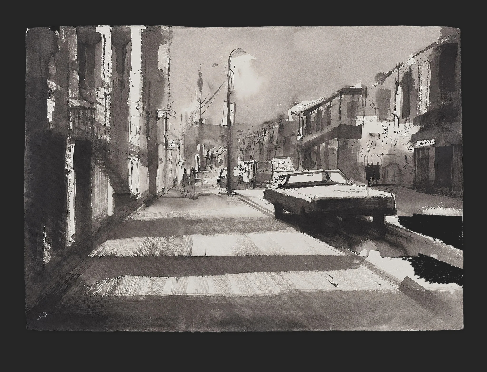 Sidewalk Shadows, an original ink painting by Paul Kenton: a quiet city street in greyscale, with bands of light and shadow across the road, a lone parked car on the right and a street lamp under a hazy dusk sky.