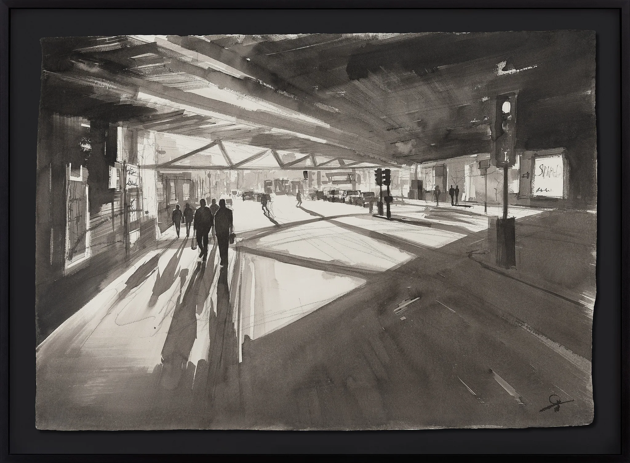 Borough Bound, an original ink painting by Paul Kenton in a black frame: a monochrome London street under a dark rail bridge, with figures walking through bright sunlit shadows.