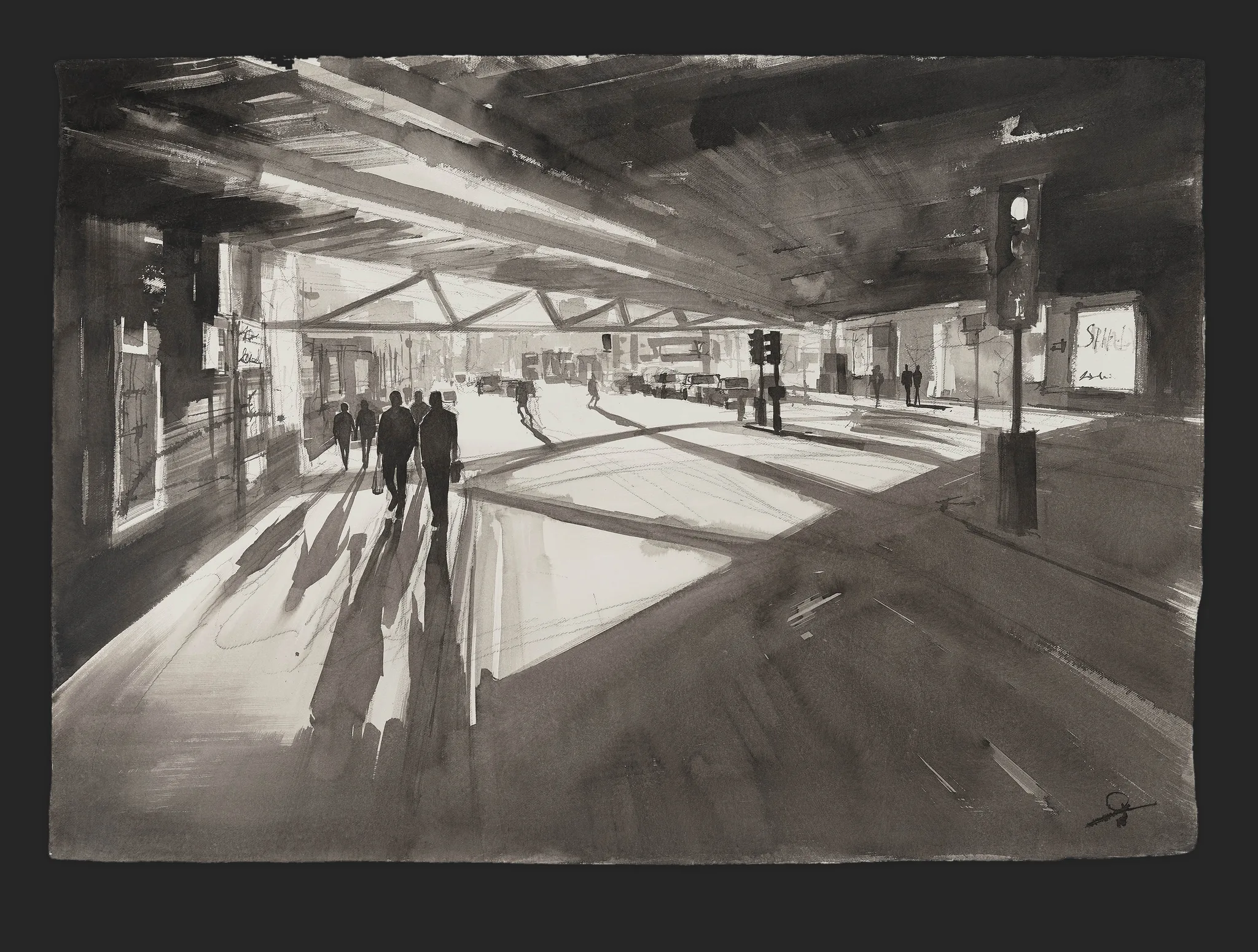 Borough Bound, an original painting by Paul Kenton: a monochrome ink street scene in London, with dark figures walking under a railway bridge across sunlit pavement and long raking shadows.