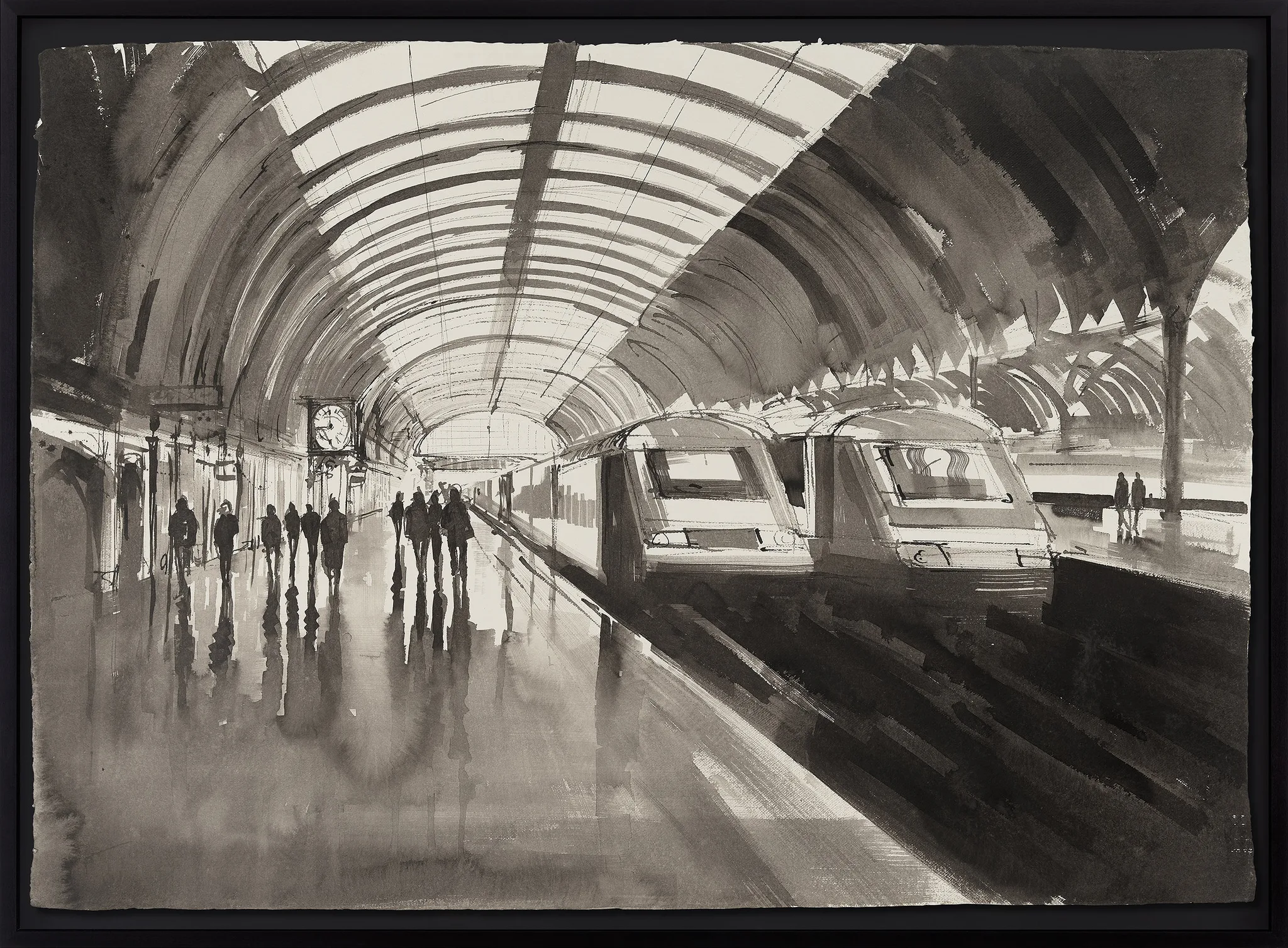 Homeward Journey, an original ink on Indian paper painting by Paul Kenton in a black frame: a monochrome London station platform under a curved glass roof, with commuters and two trains.