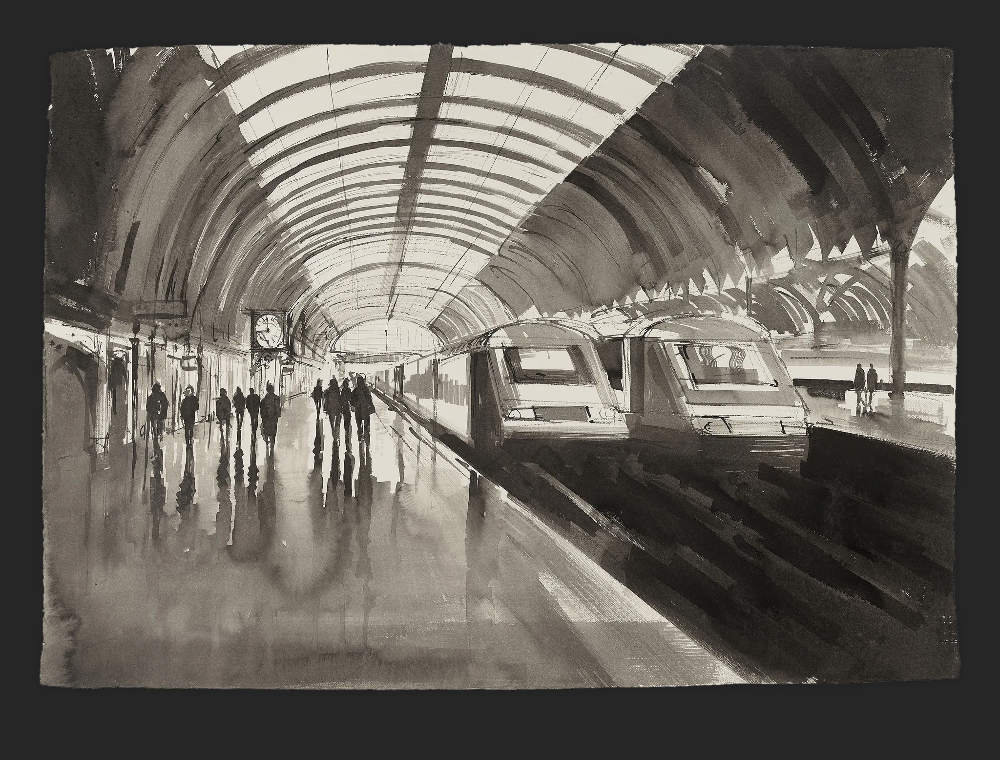 Homeward Journey, an original ink painting by Paul Kenton: a vaulted London railway platform in grey washes, with commuters walking past two waiting trains under a curved glass roof.