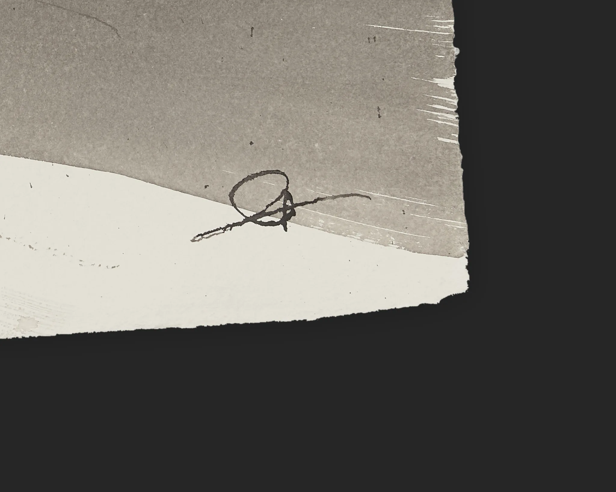 Close-up of the lower corner of Exchange Flow, an original ink painting by Paul Kenton, showing his looping signature in dark ink over a soft grey wash and cream paper edge.