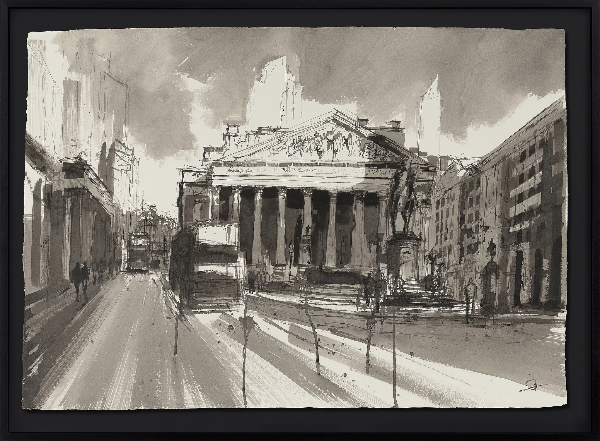Exchange Flow, an original ink painting by Paul Kenton in a black frame: a monochrome sketch of a columned London building with a tram and figures on a wide street under a grey sky.