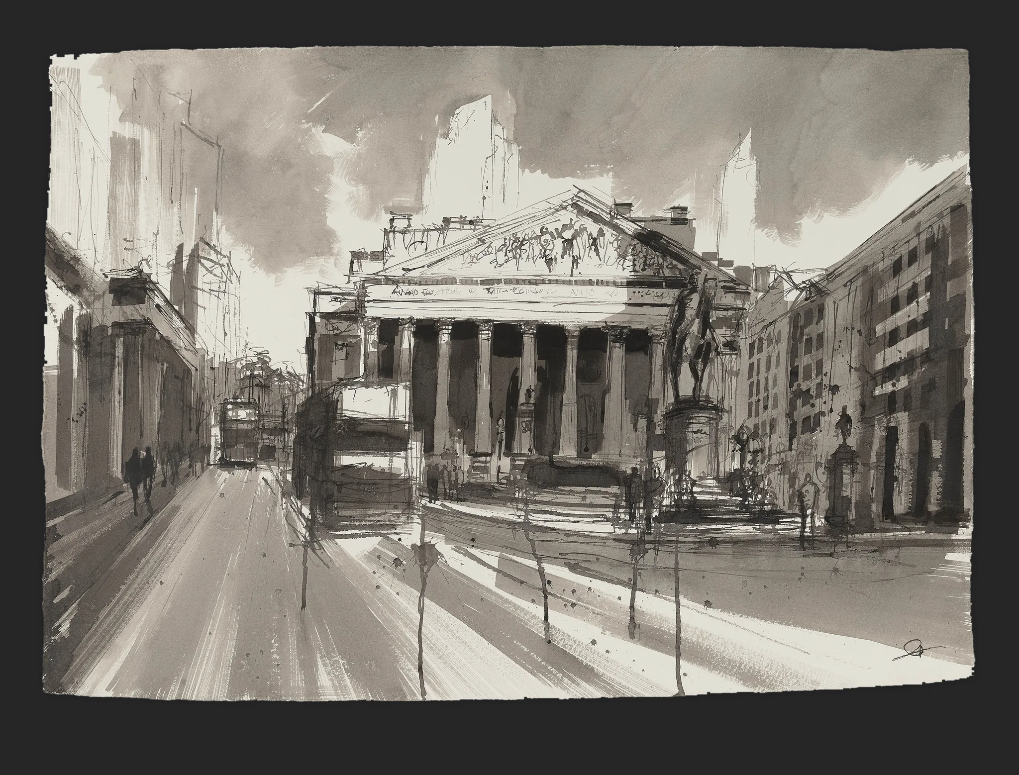 Exchange Flow, an original painting by Paul Kenton: a monochrome ink wash of a London street, with a colonnaded classical building under a heavy sky, a statue on a plinth and a tram.