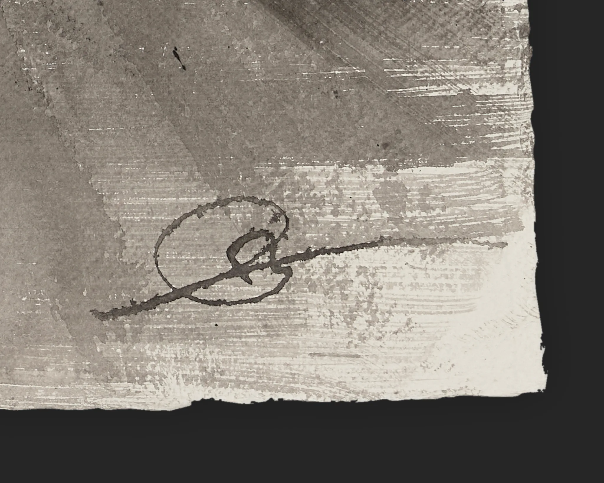 Close-up of the lower corner of Clouds Over Southbank, an original ink painting on Indian paper, showing Paul Kenton's looping signature over textured grey and white brushwork.