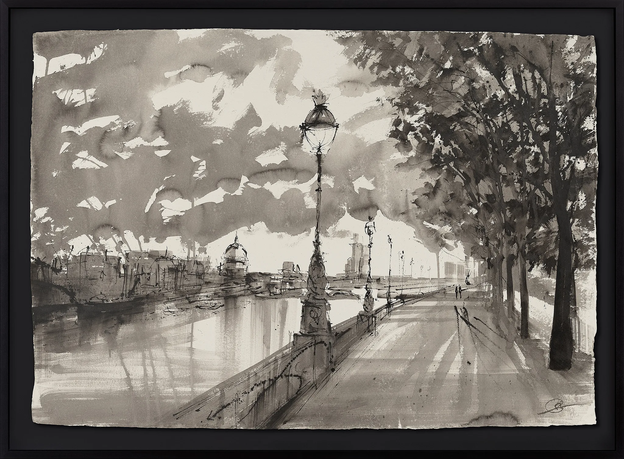 Clouds Over Southbank, an original ink painting by Paul Kenton in a black frame: a monochrome riverside promenade with ornate lamp posts, tall trees and a grey, brooding sky over the Thames.